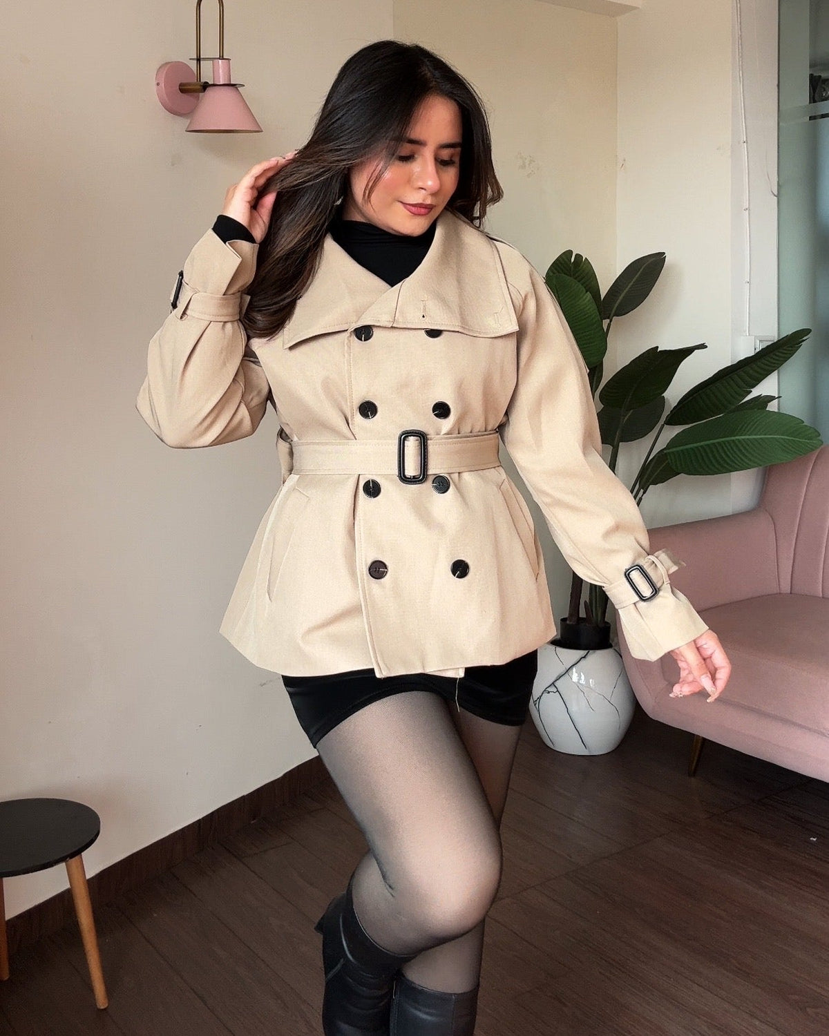 High Neck Detailing Classic Mini Trench Coat