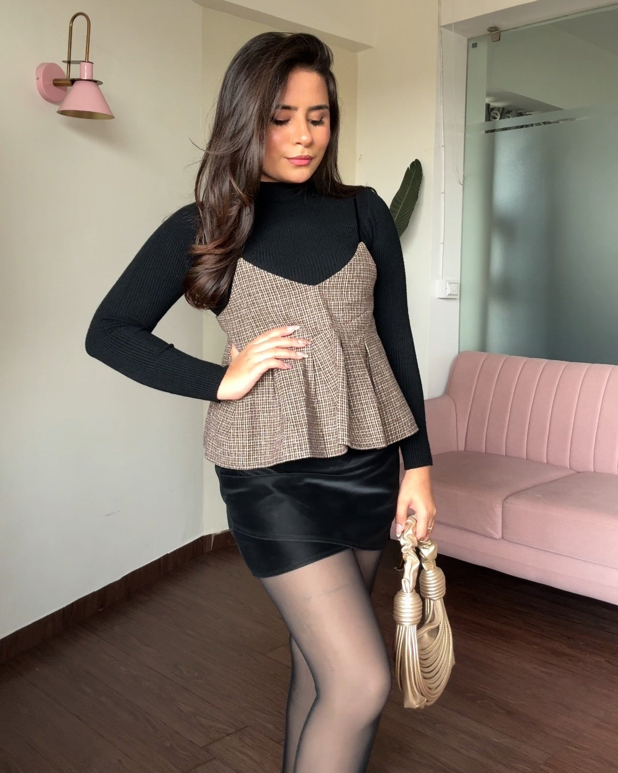 Checker Peplum Top With High-Neck Inner