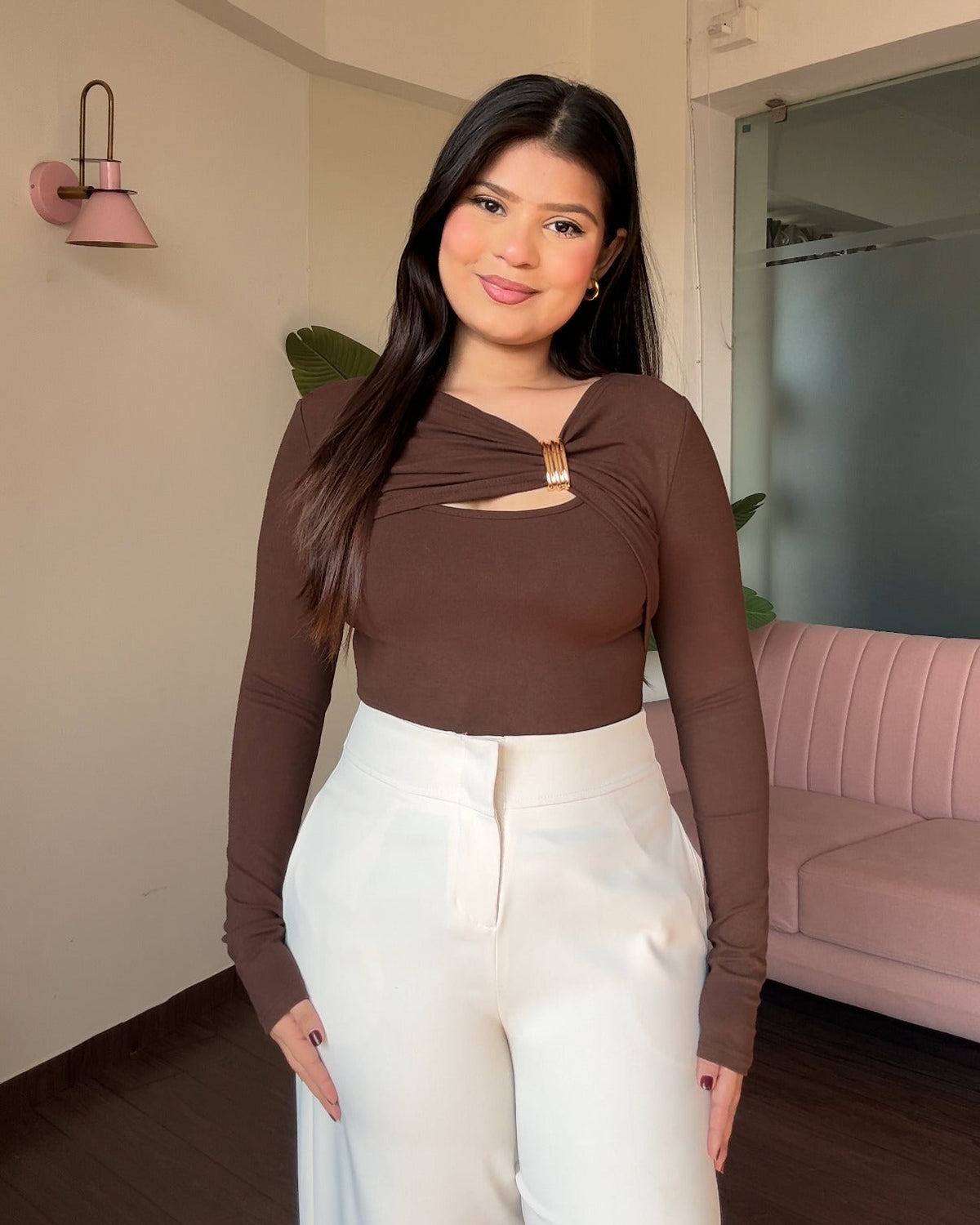 Neck Cut Out Golden Buckle Bodycon Full Sleeves Top