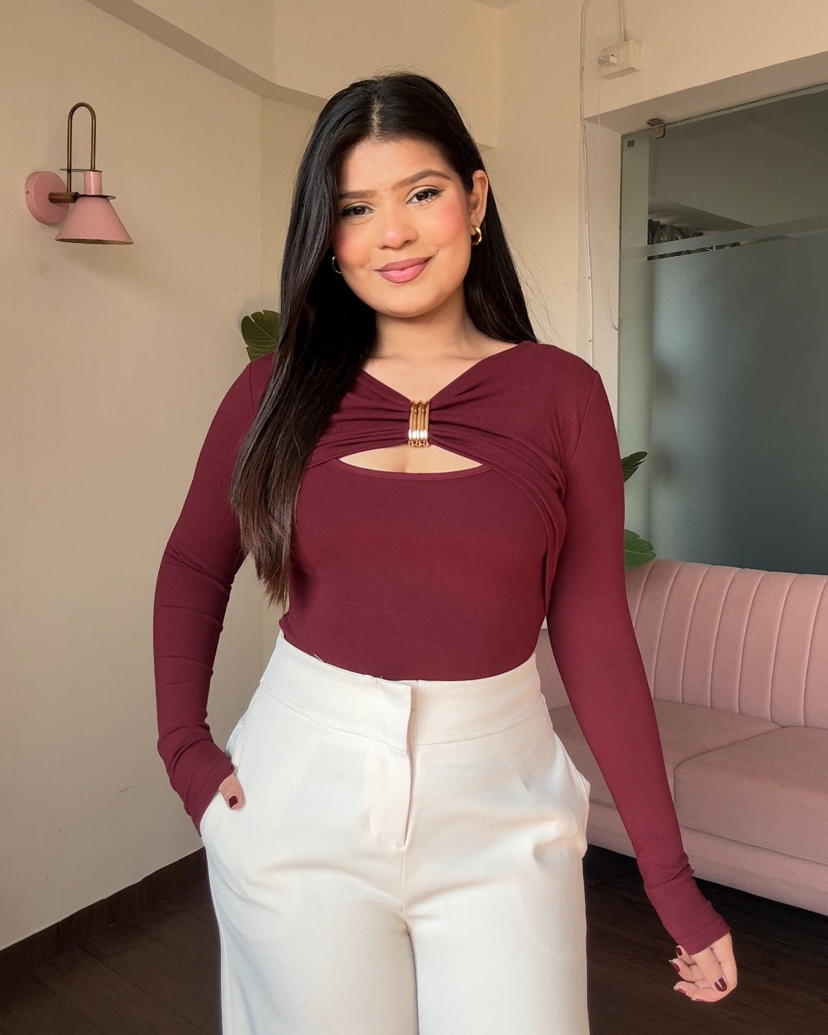 Neck Cut Out Golden Buckle Bodycon Full Sleeves Top