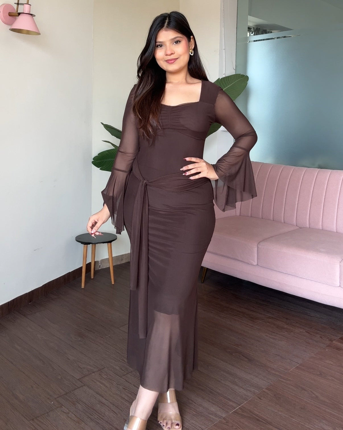 Bell Sleeve Detailing Sweetheart Neck Mesh Midi Dress