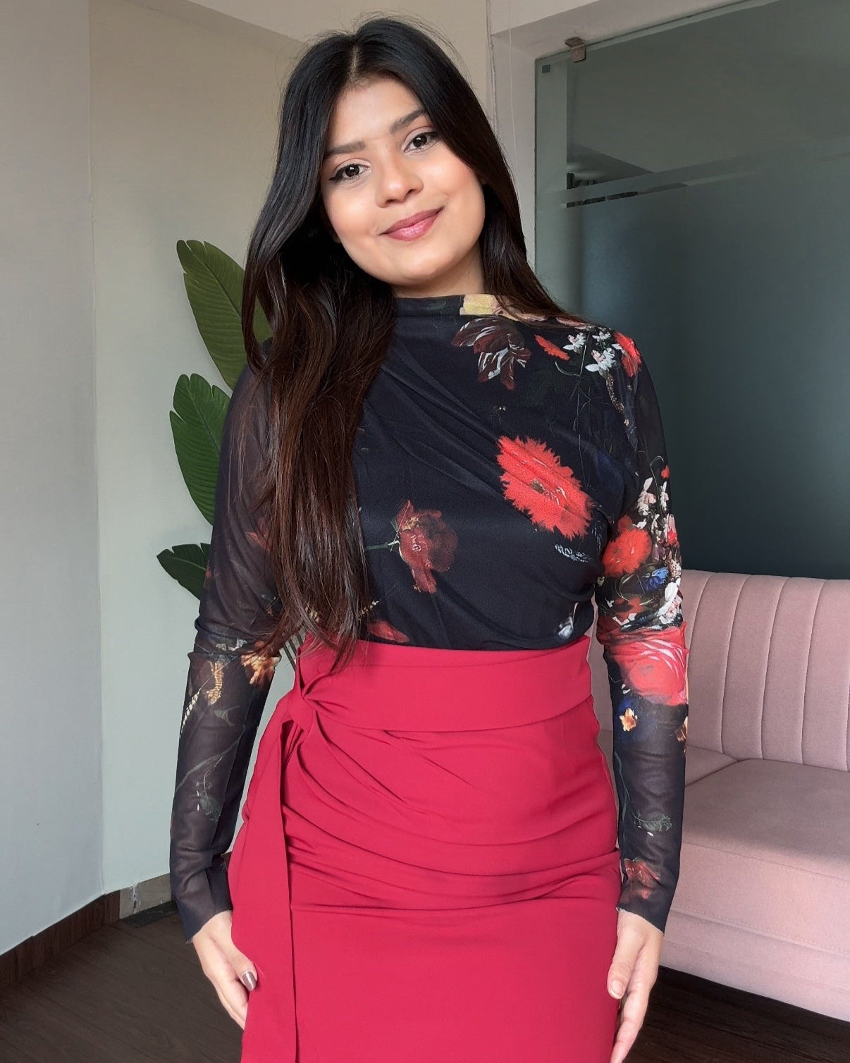 Black Mesh Floral High-Neck Draped Top