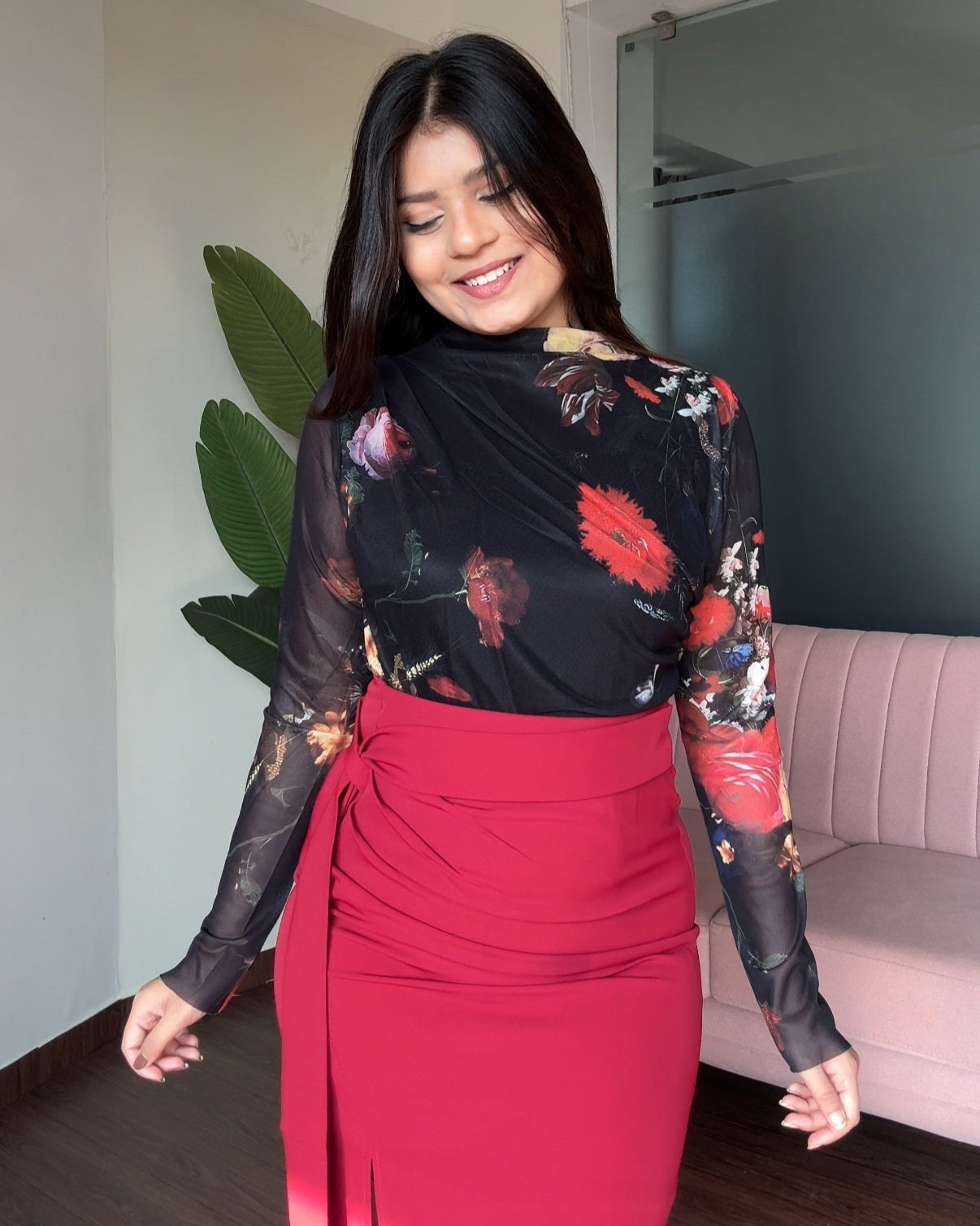 Black Mesh Floral High-Neck Draped Top