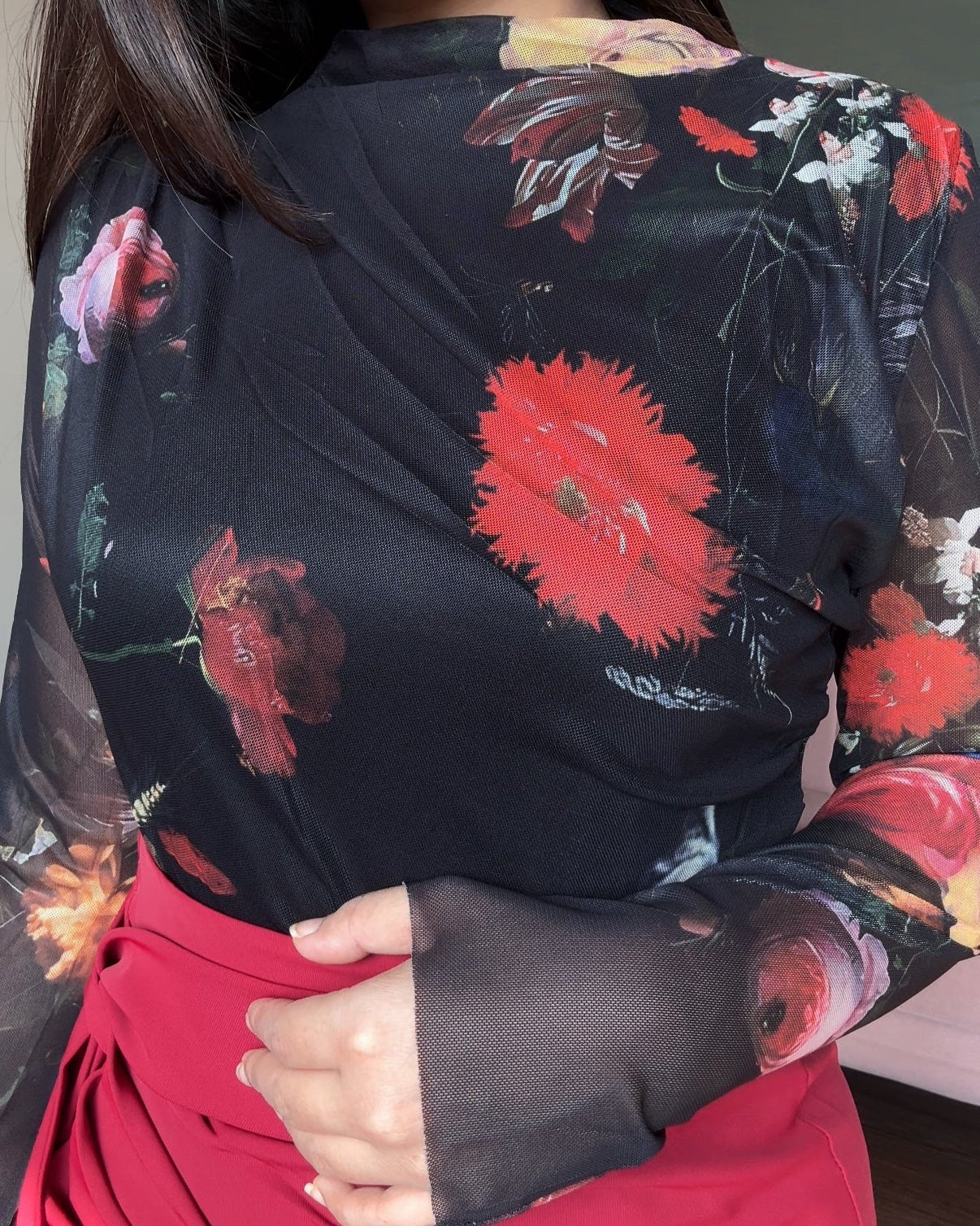 Black Mesh Floral High-Neck Draped Top