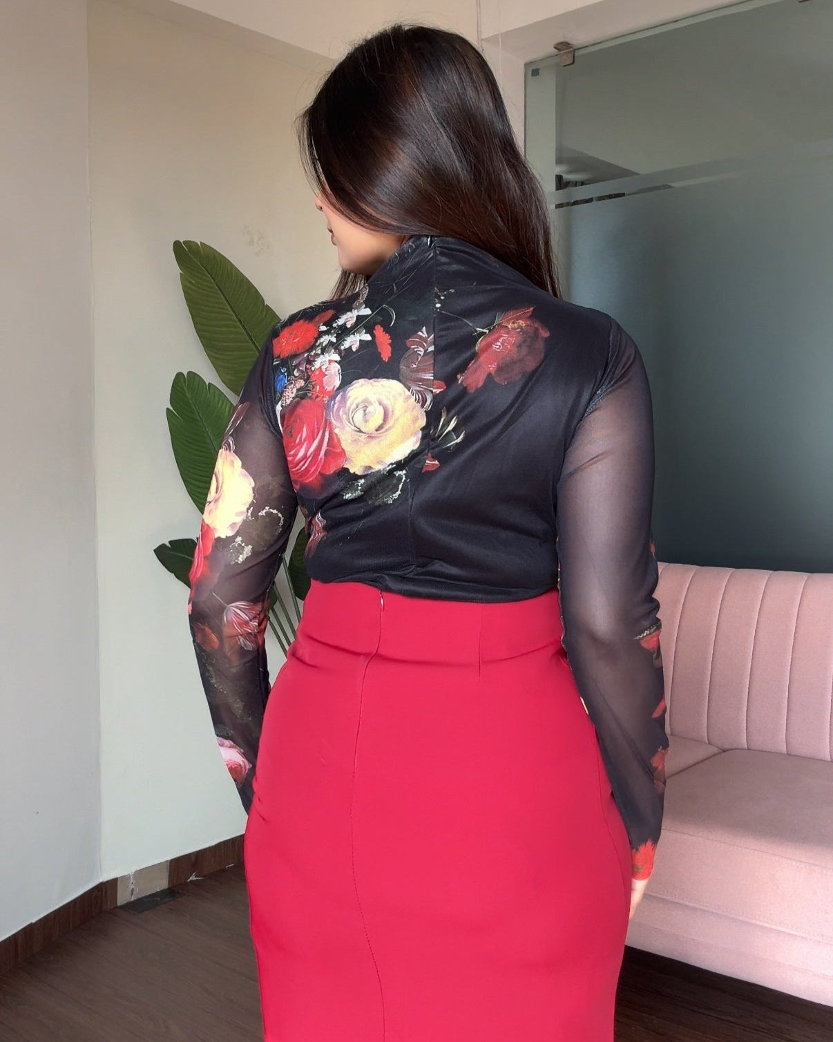 Black Mesh Floral High-Neck Draped Top