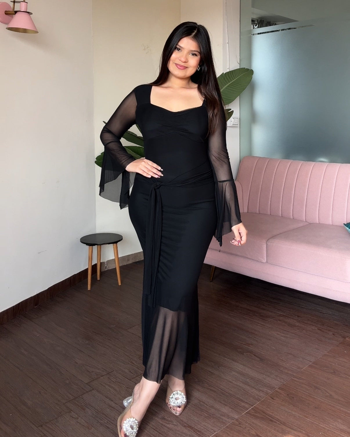 Bell Sleeve Detailing Sweetheart Neck Mesh Midi Dress