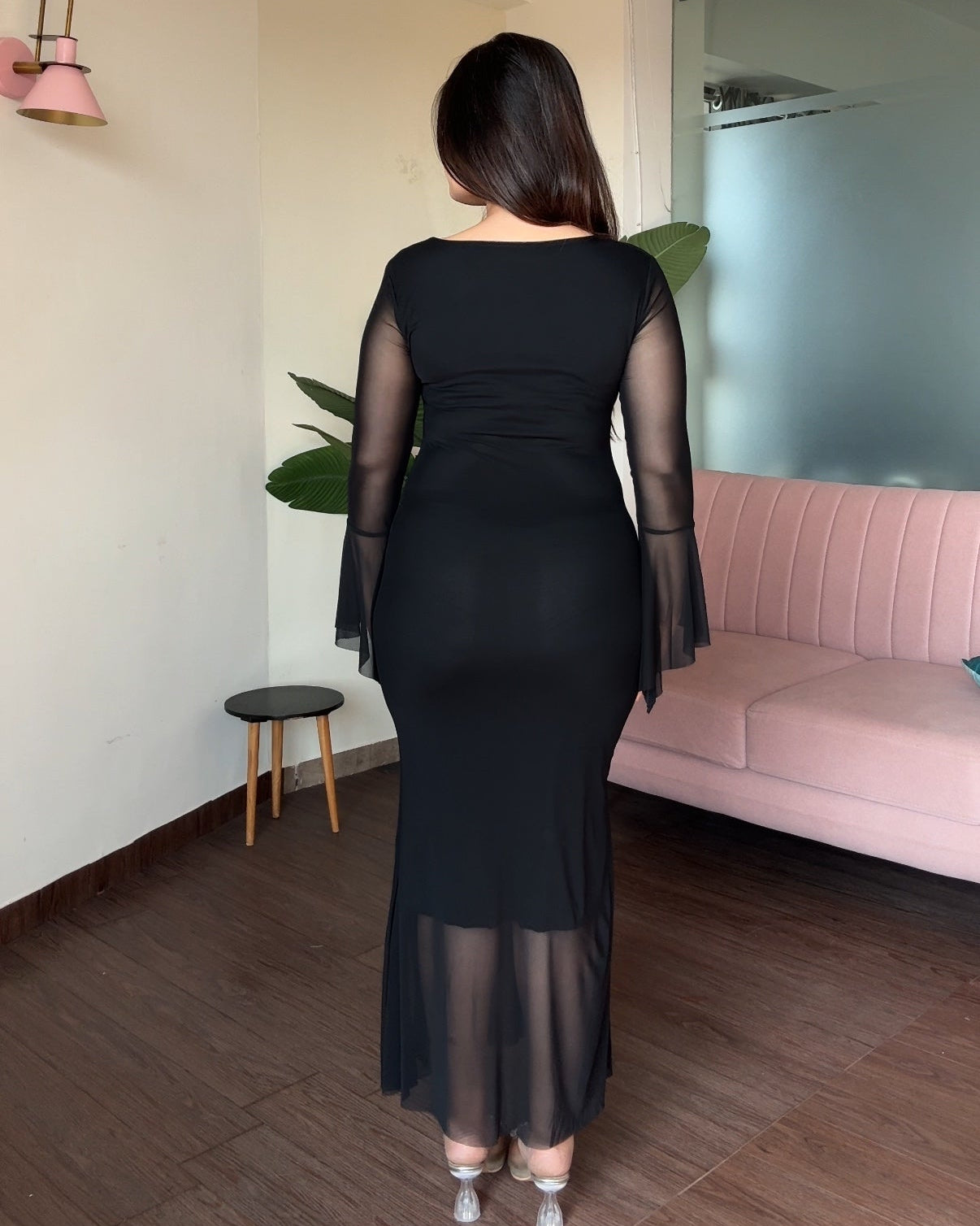 Bell Sleeve Detailing Sweetheart Neck Mesh Midi Dress