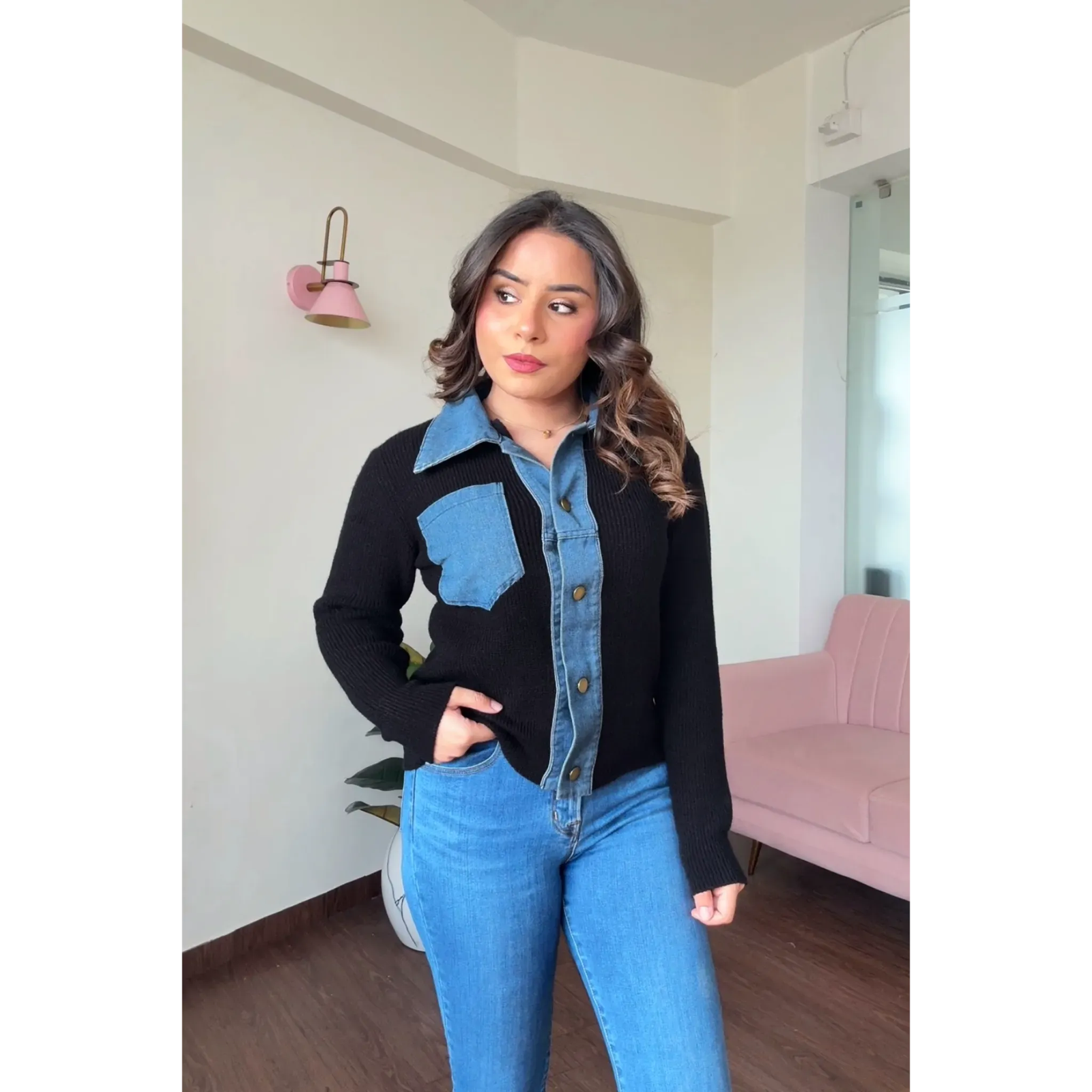 Collared Sweater With Denim Detailing