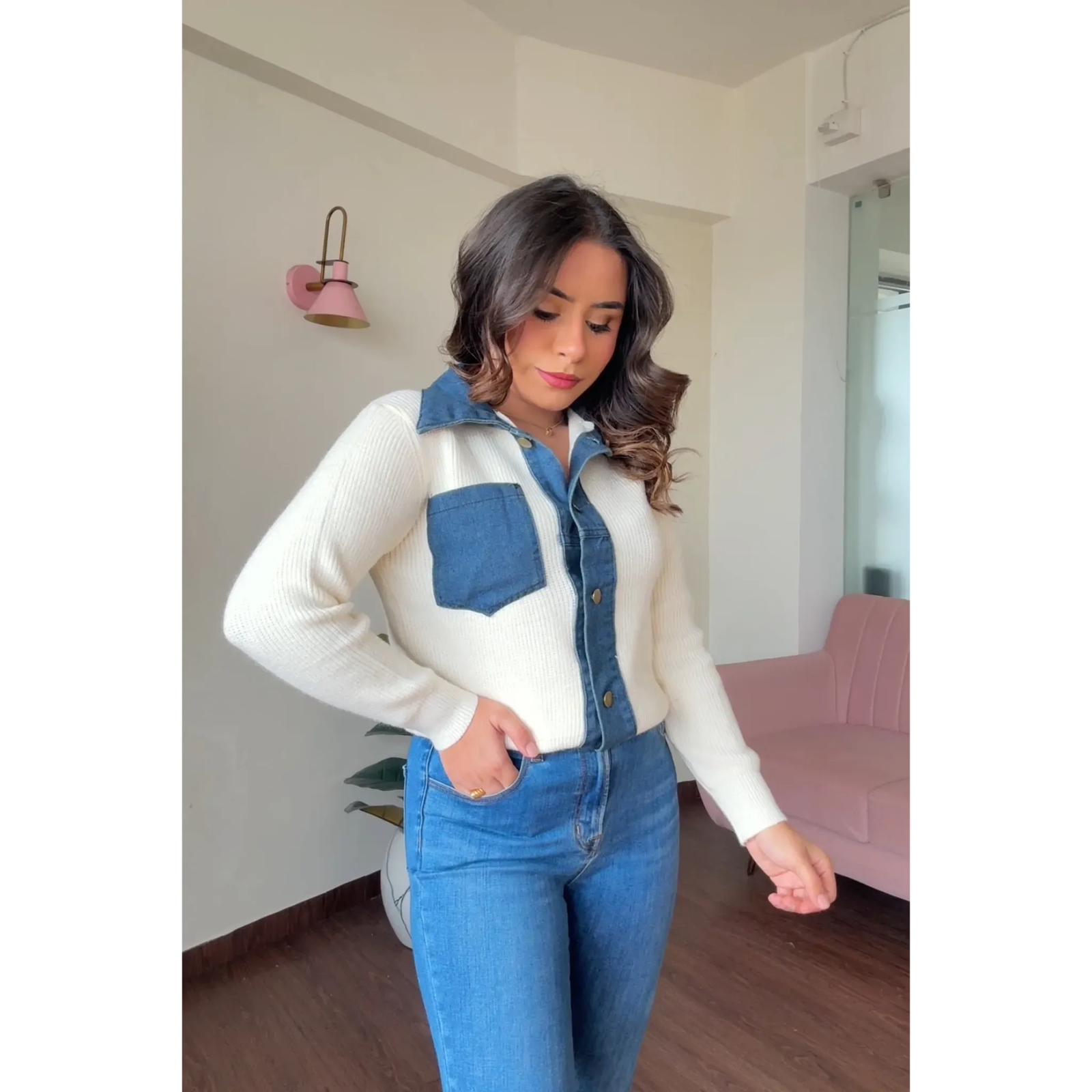 Collared Sweater With Denim Detailing