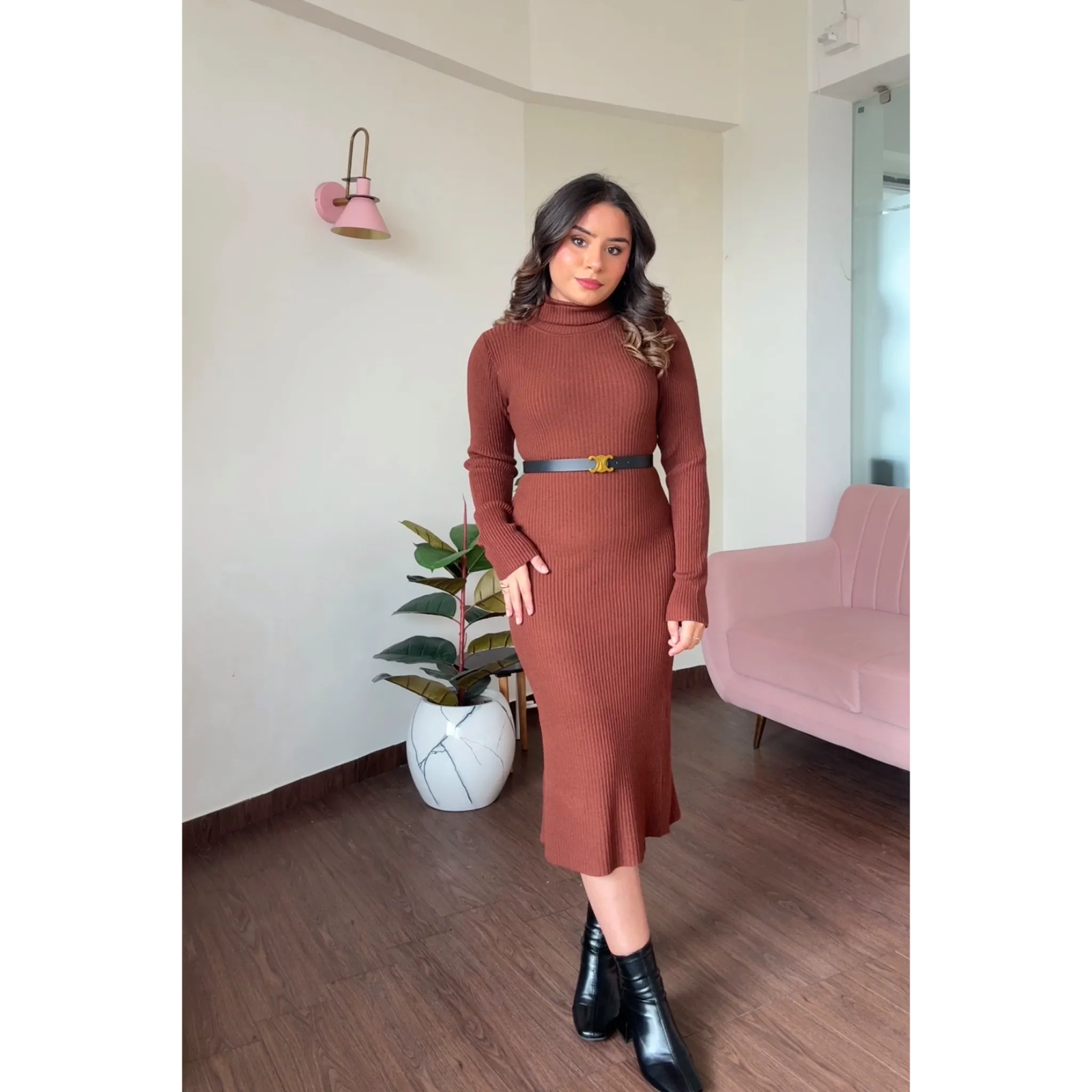 Highneck Basic Winter Sweater Midi Dress