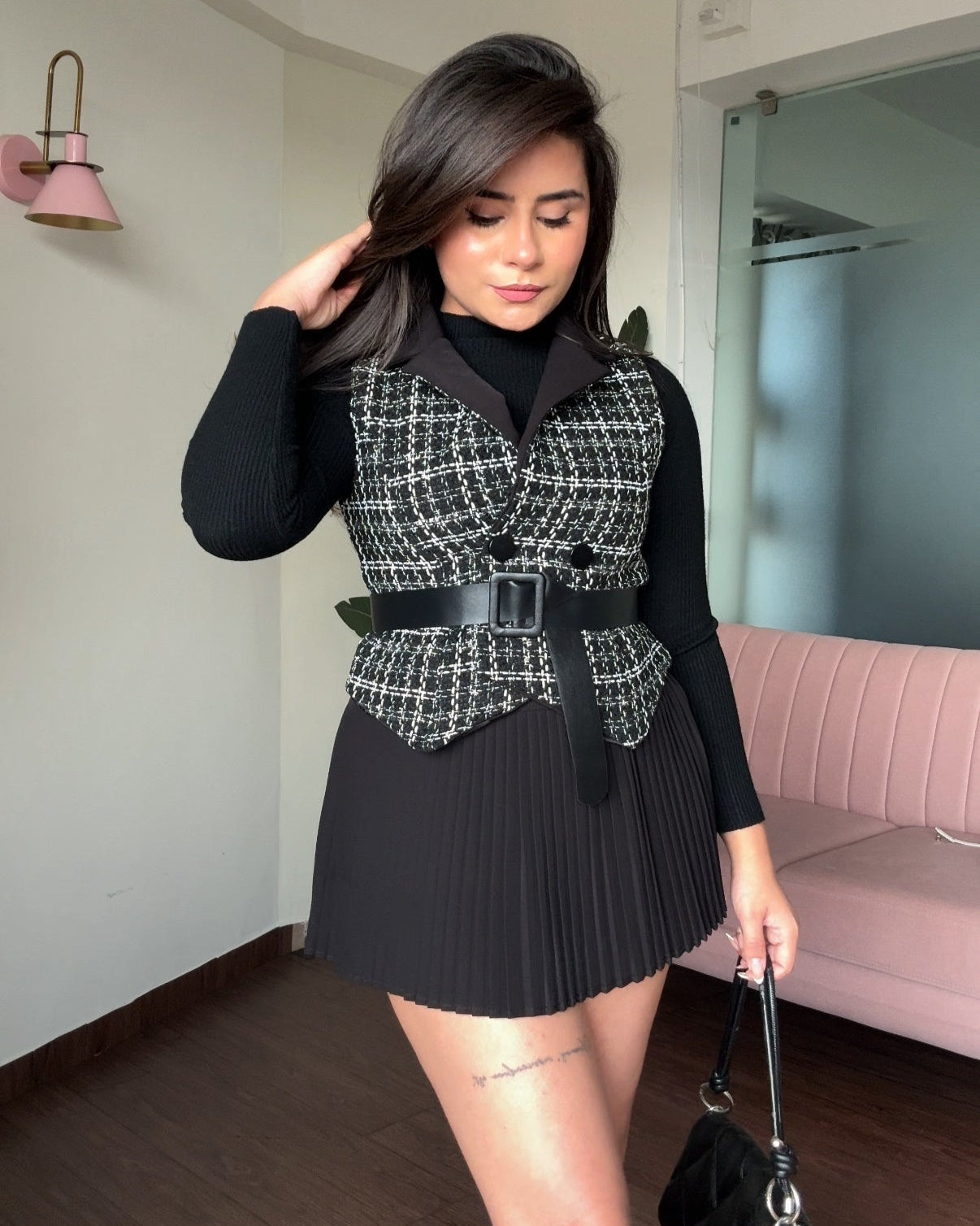 3-Piece Tweed Top With Inner And Belt