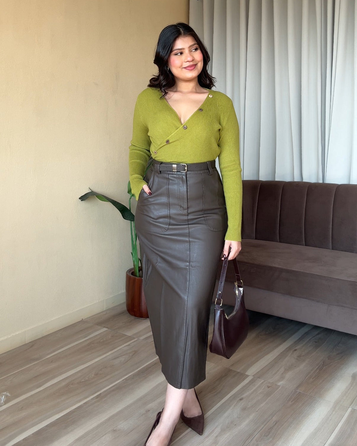 Basic Midi Leather Skirt With Belt