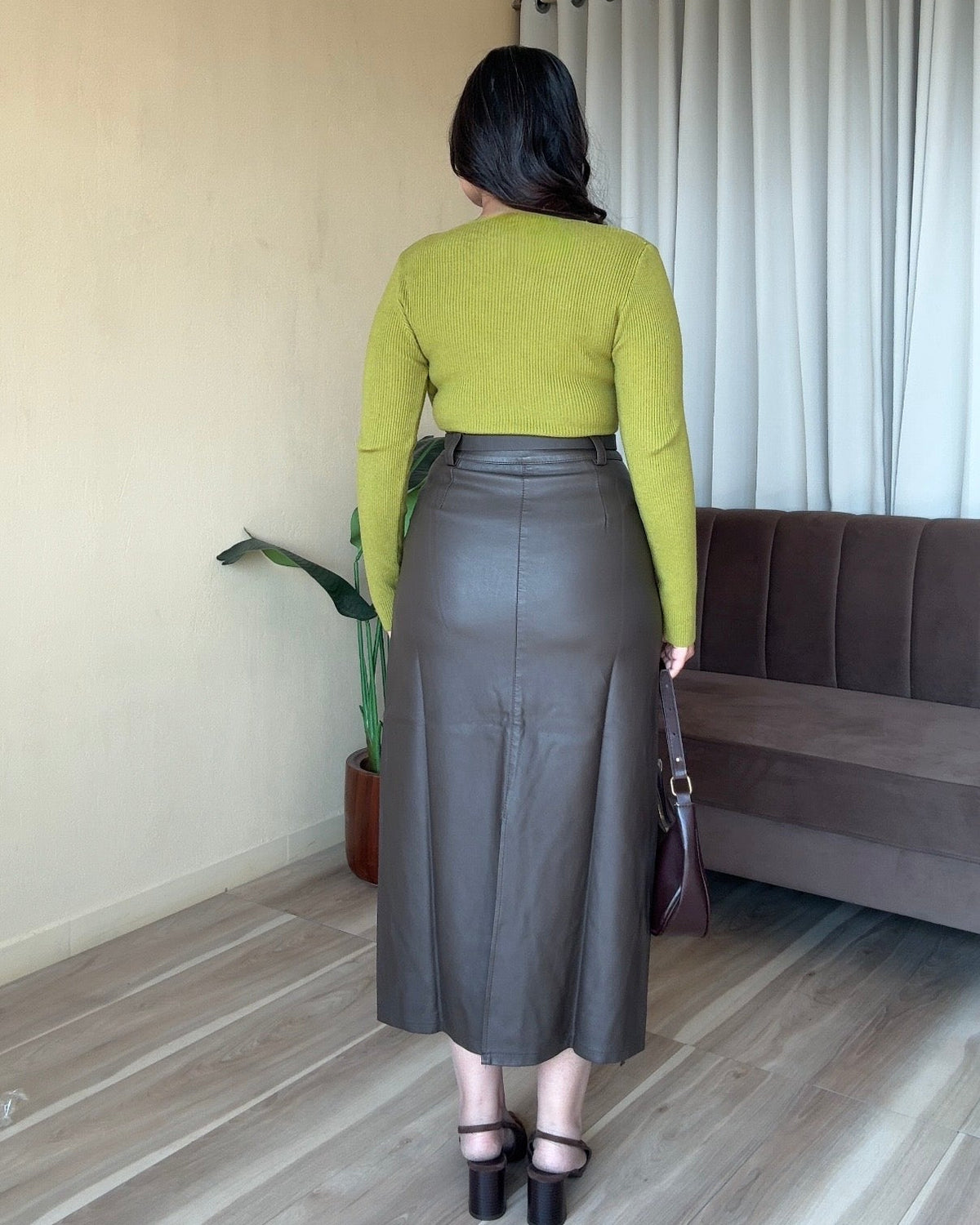 Basic Midi Leather Skirt With Belt