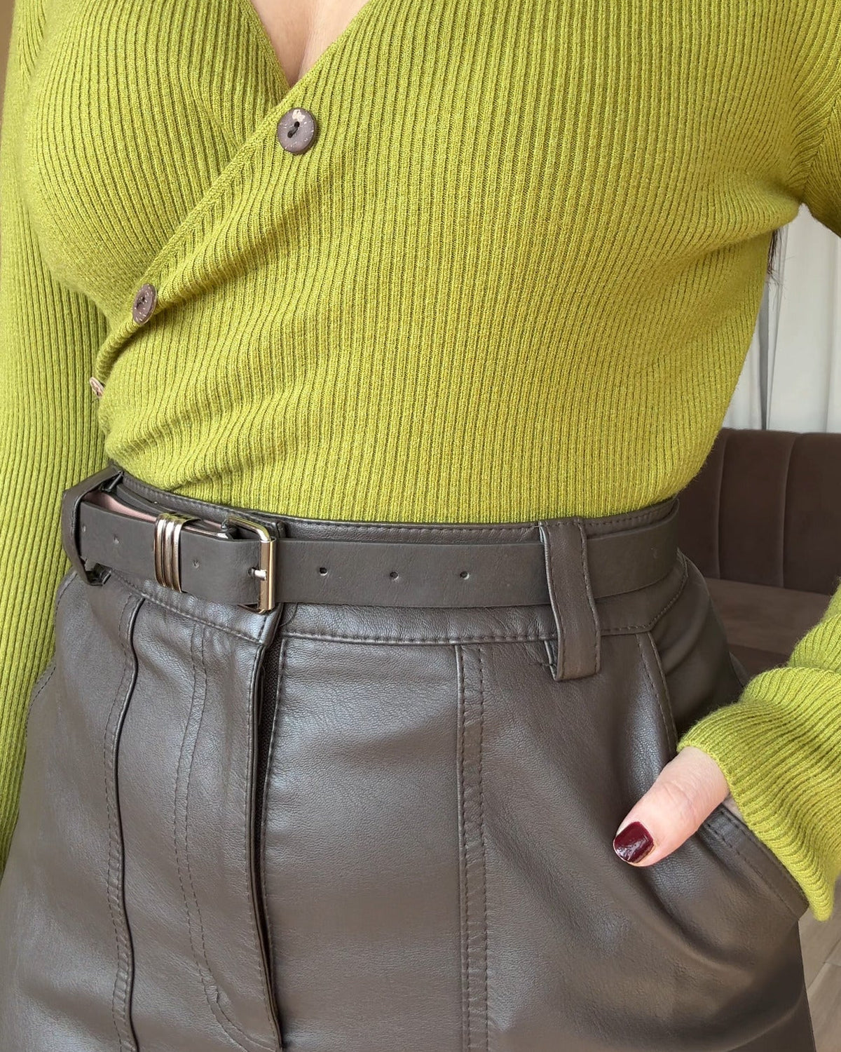 Basic Midi Leather Skirt With Belt