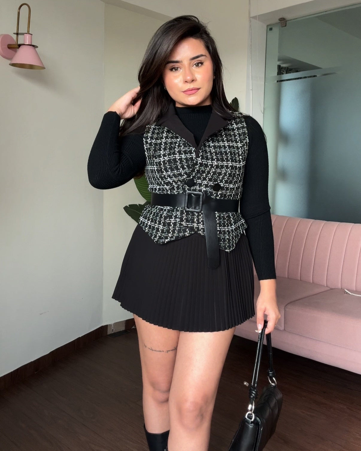 3-Piece Tweed Top With Inner And Belt