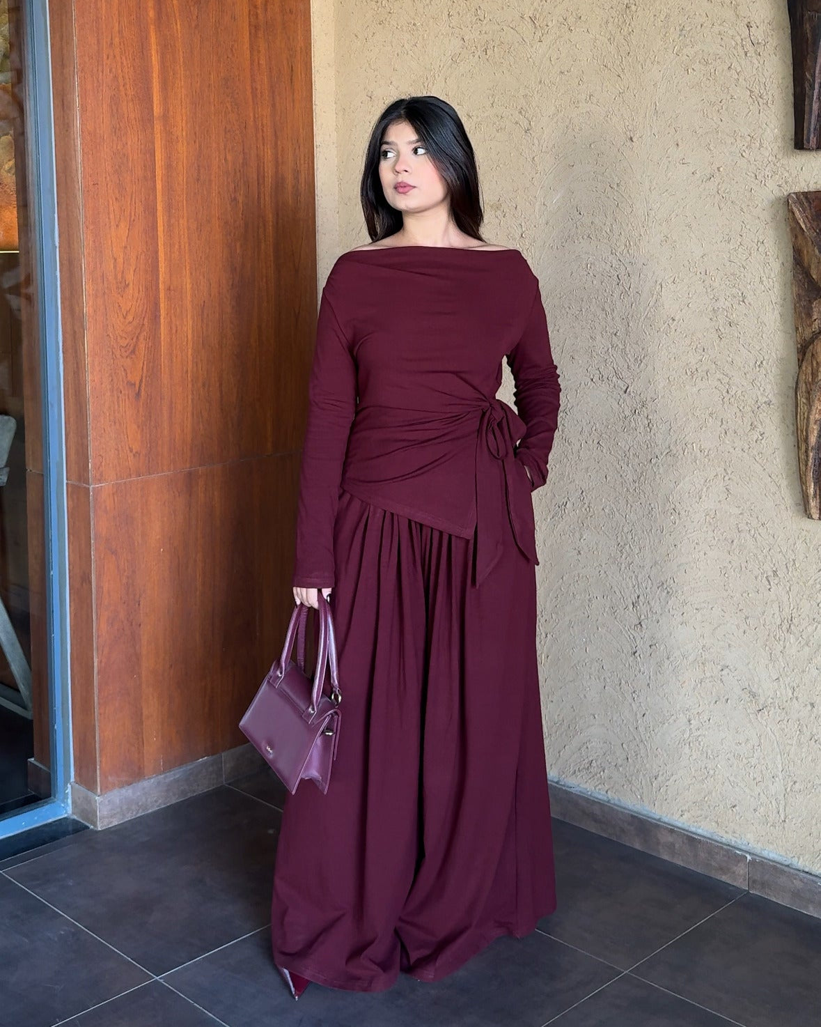 High Neck Knot Detailing And Pleated Pants Co-ord Set