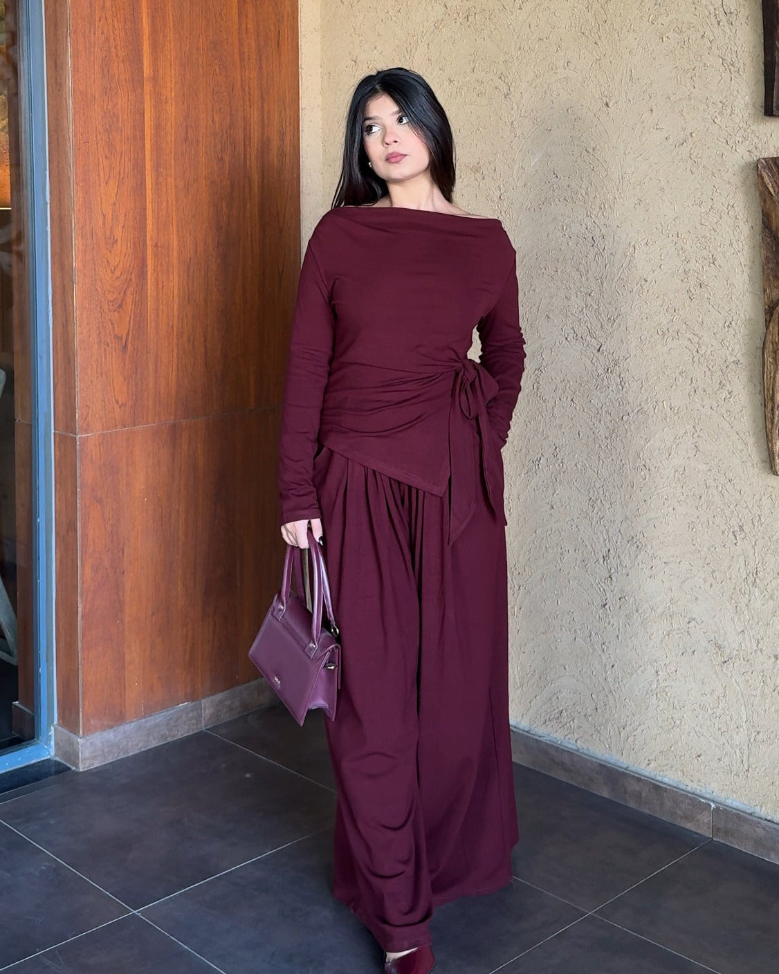 High Neck Knot Detailing And Pleated Pants Co-ord Set