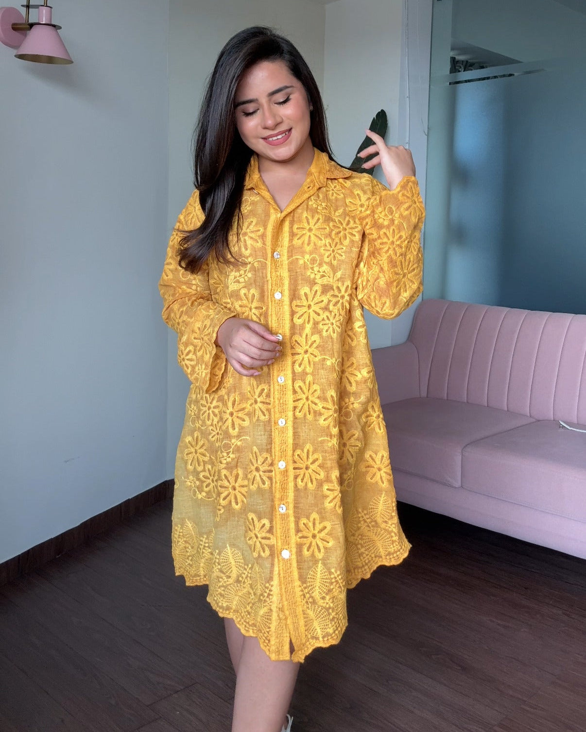 Monochrome Embroidery Shirt Dress