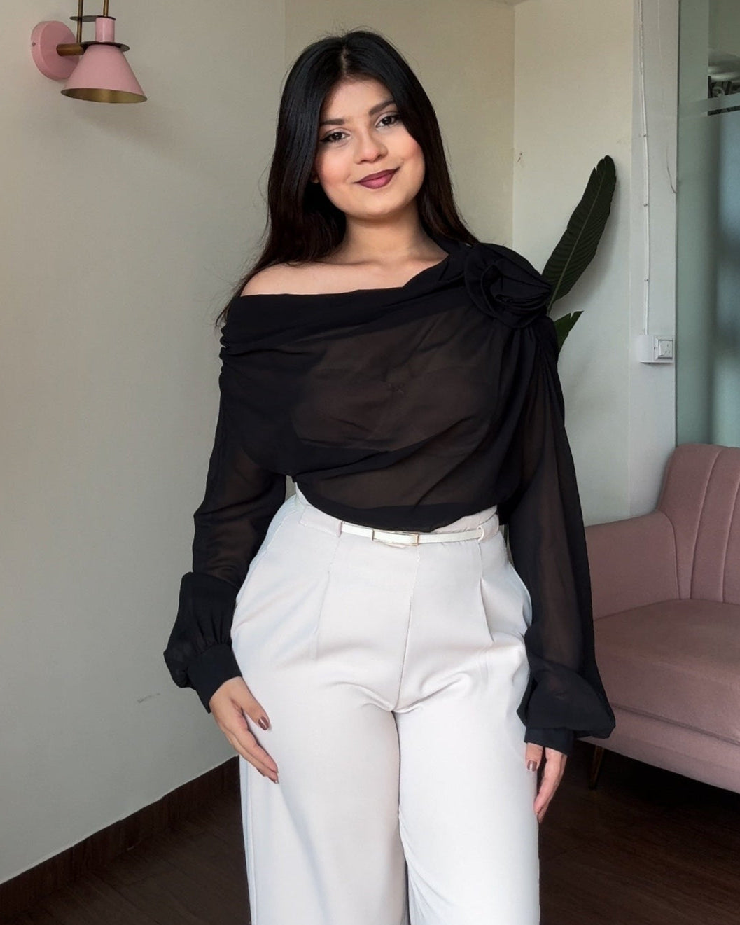 Drop Shoulder Draped Rose Detailing Top