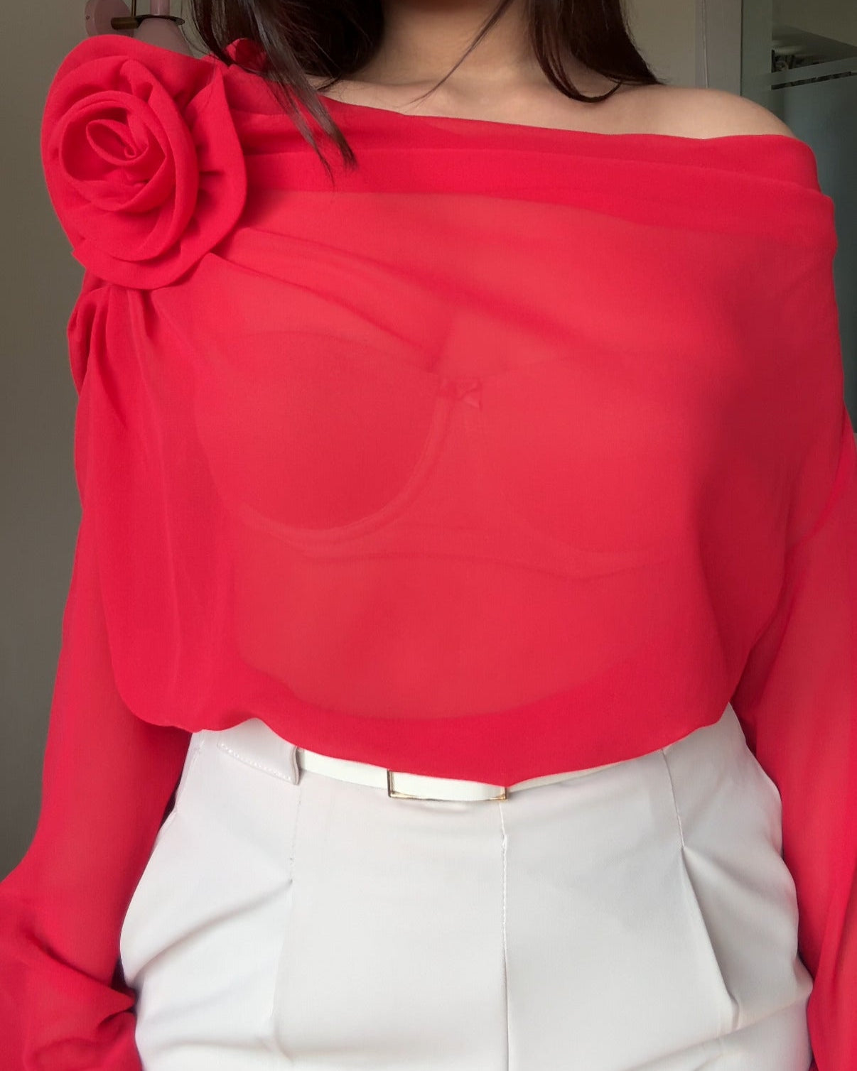 Drop Shoulder Draped Rose Detailing Top