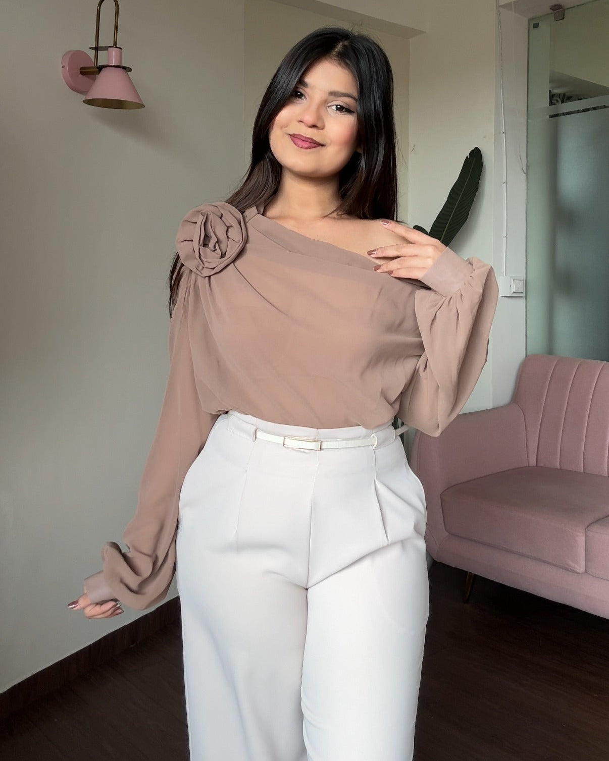 Drop Shoulder Draped Rose Detailing Top