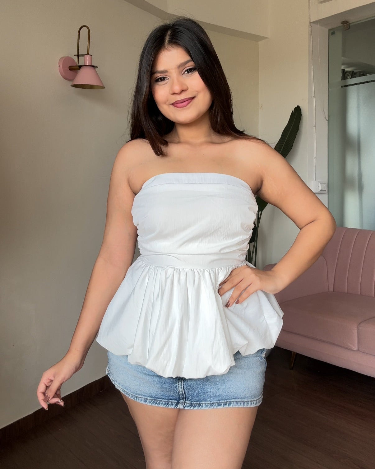 Ruched Peplum Tube Top