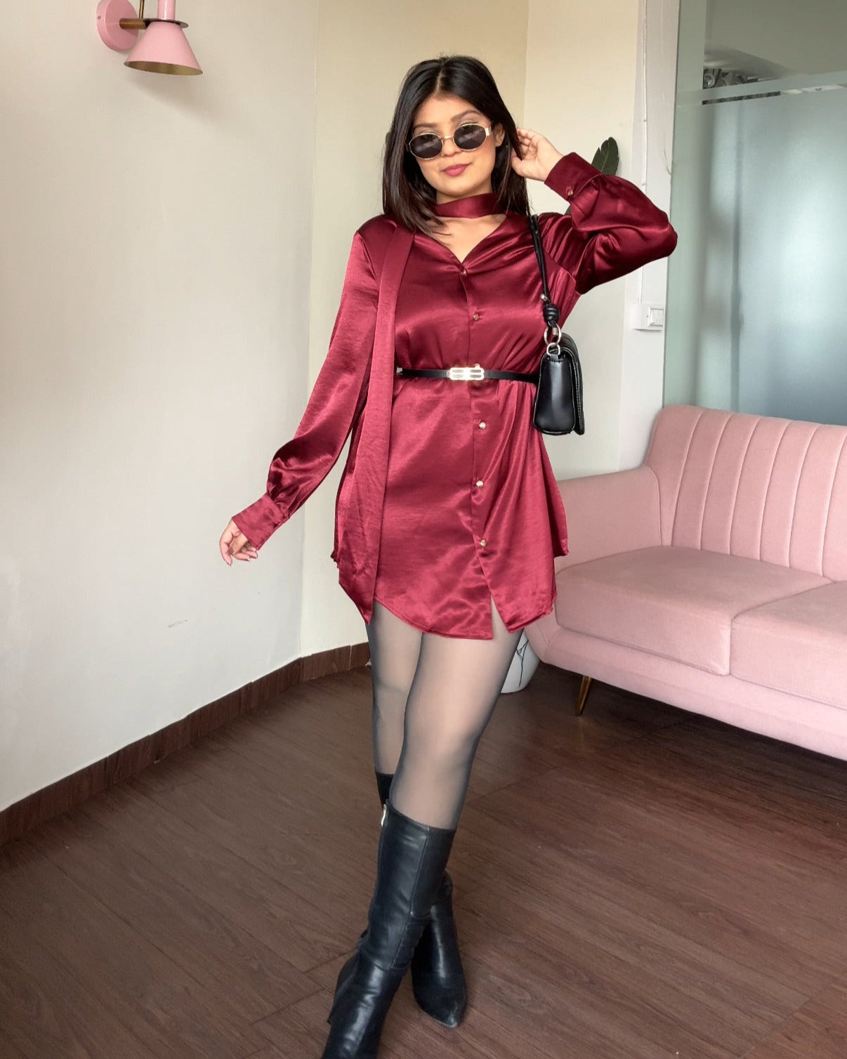 Premium Satin Mini Shirt Dress With Belt