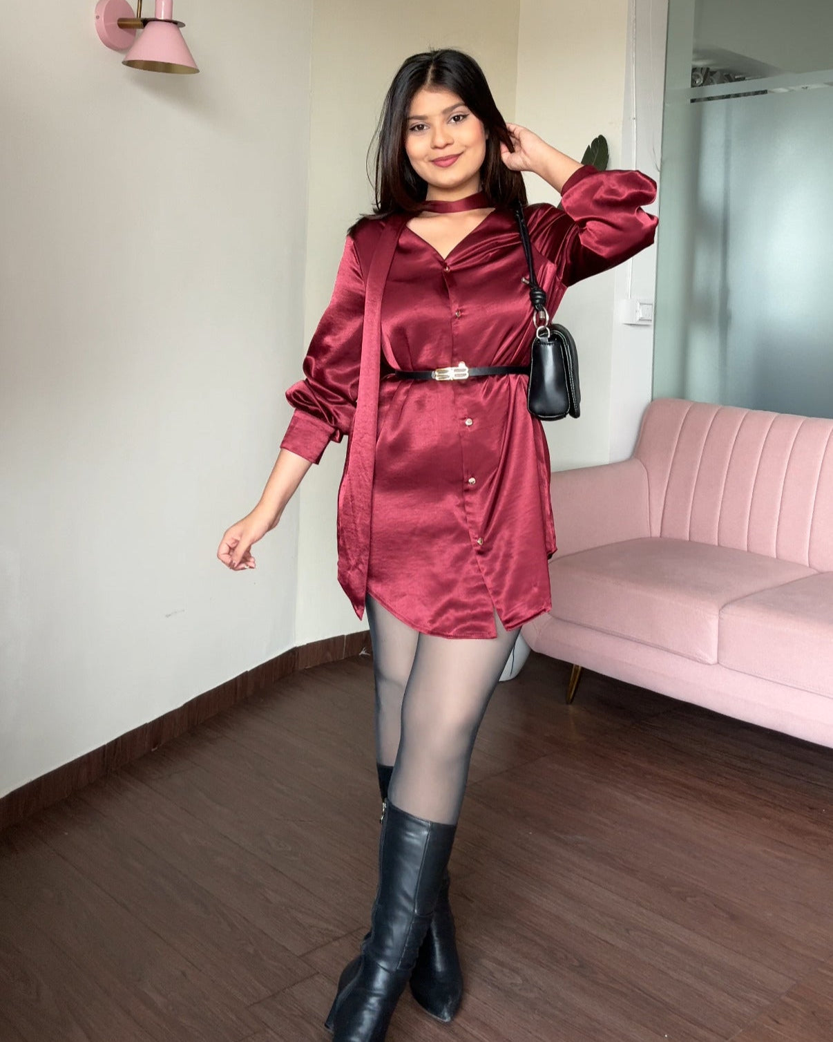 Premium Satin Mini Shirt Dress With Belt
