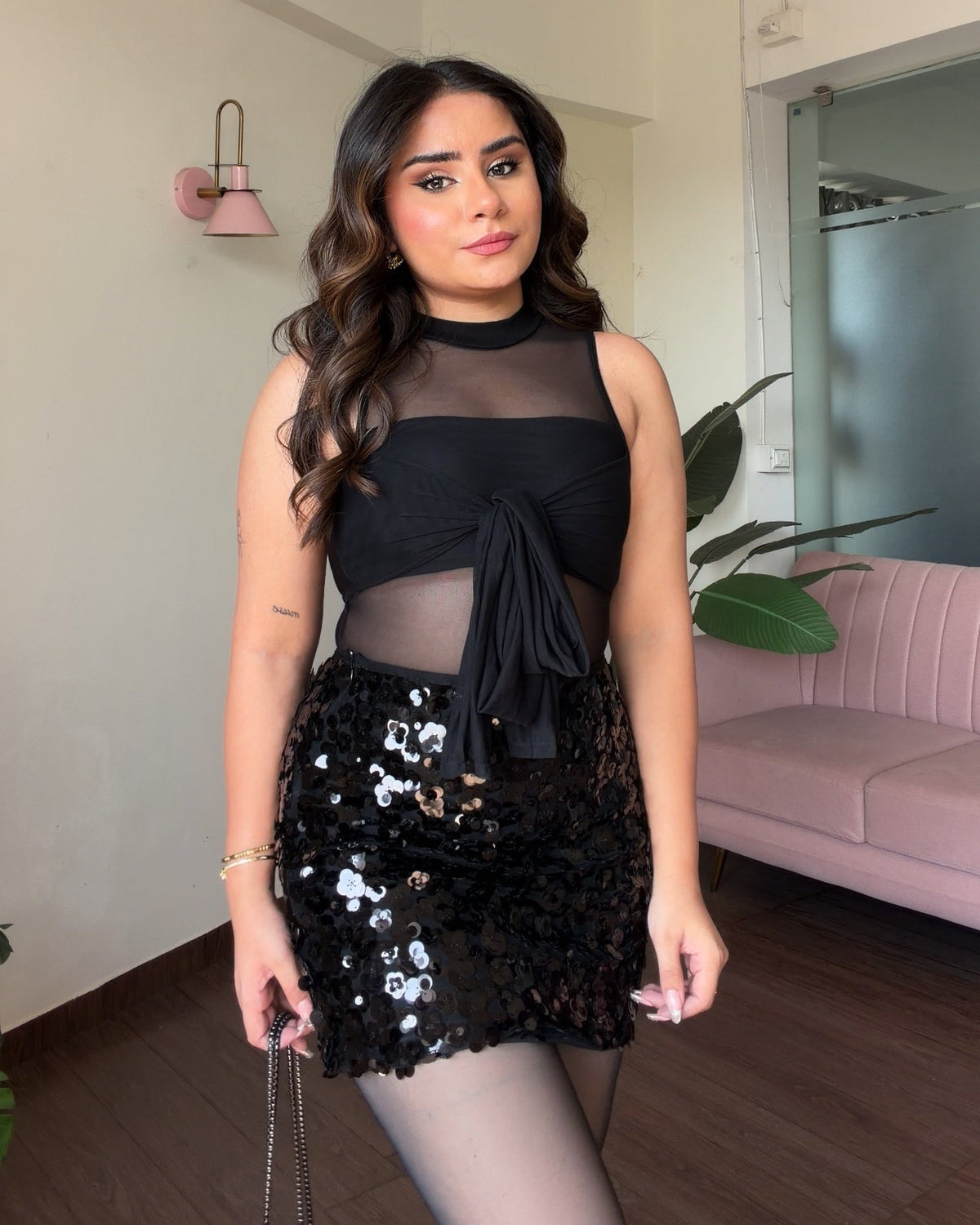 Petal Detailing Sequin Skirt & Mesh Knot Top Set