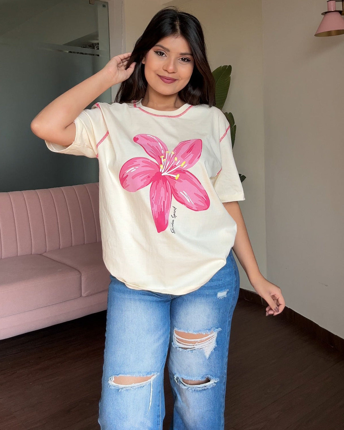 Contrast Stitch Hibiscus Oversized Tee