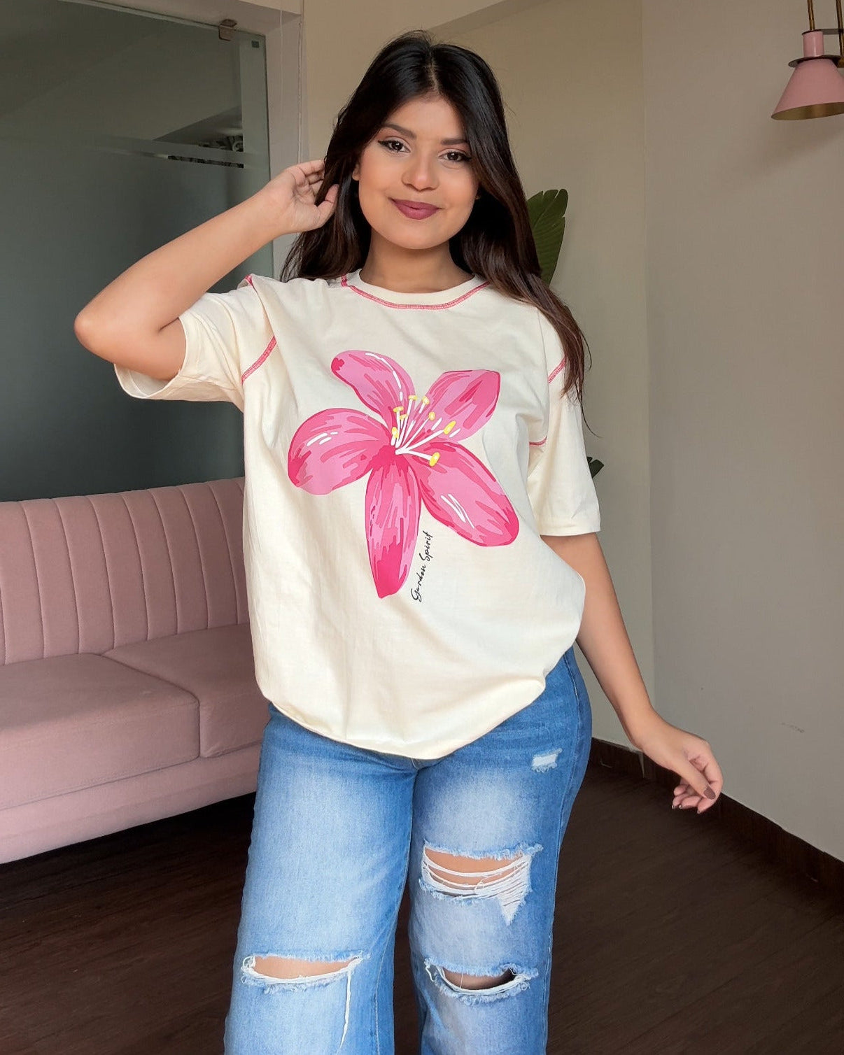 Contrast Stitch Hibiscus Oversized Tee