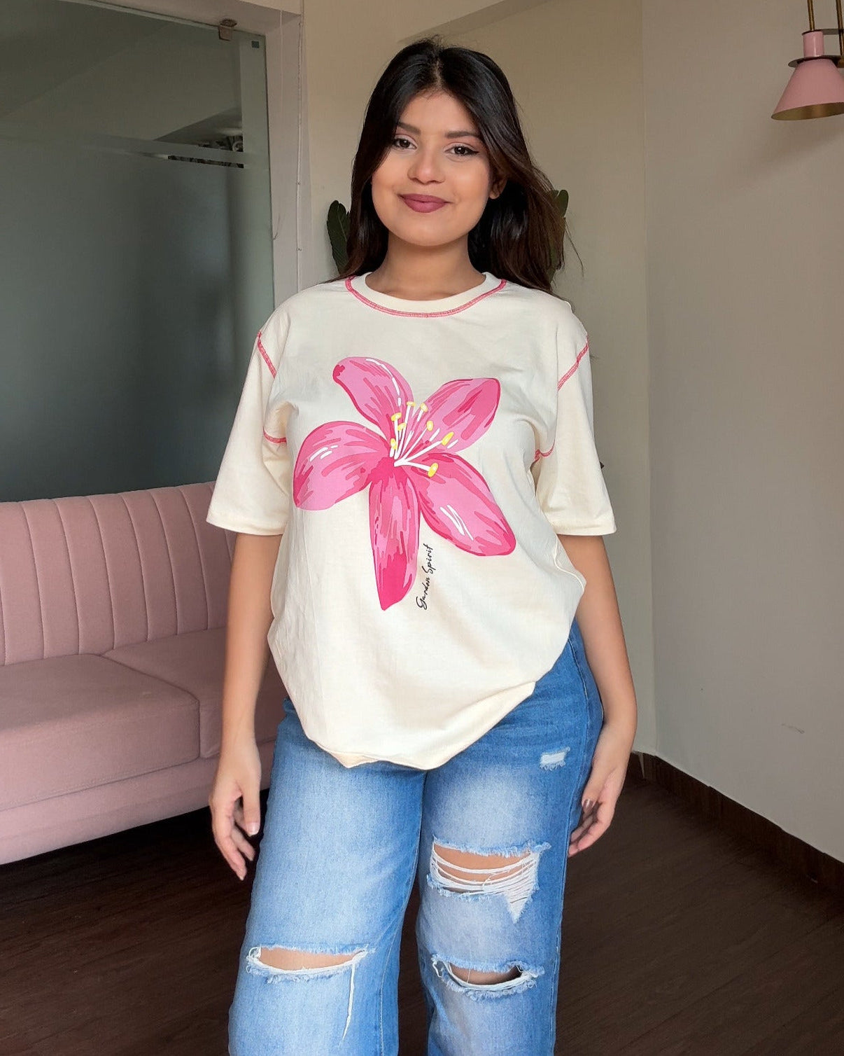Contrast Stitch Hibiscus Oversized Tee