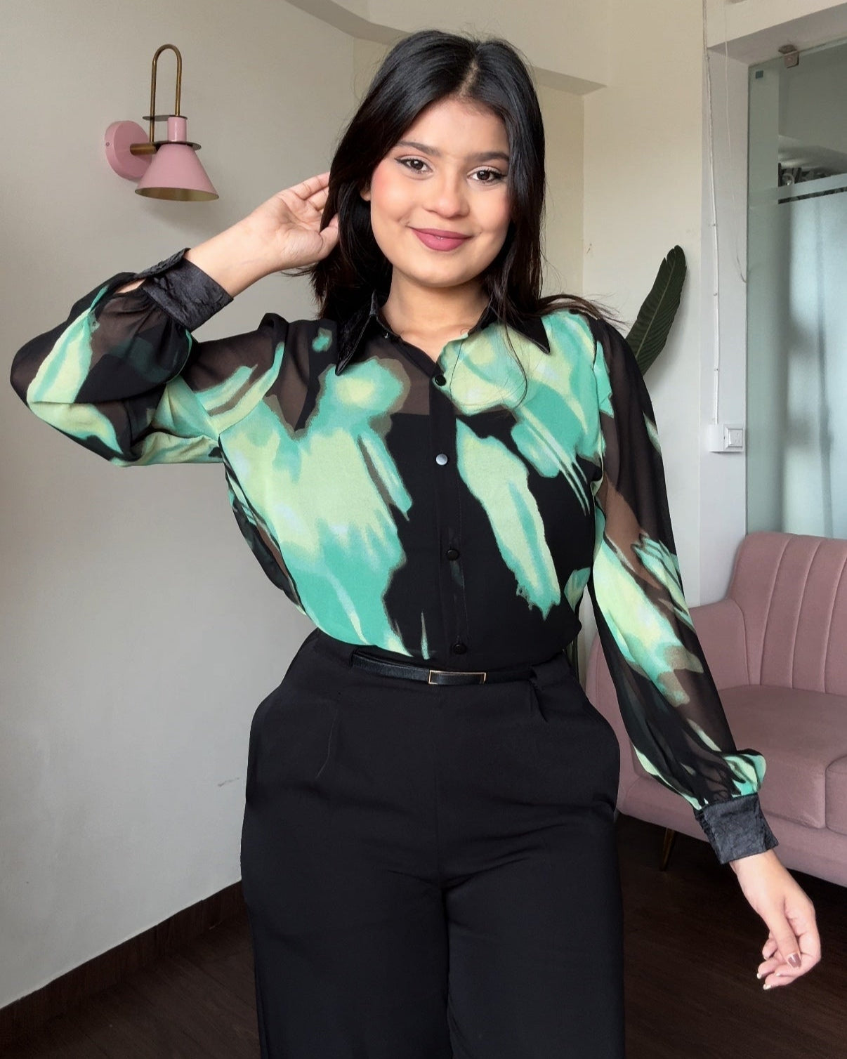 Black Contrast Shaded Chiffon Button-Up Blouse