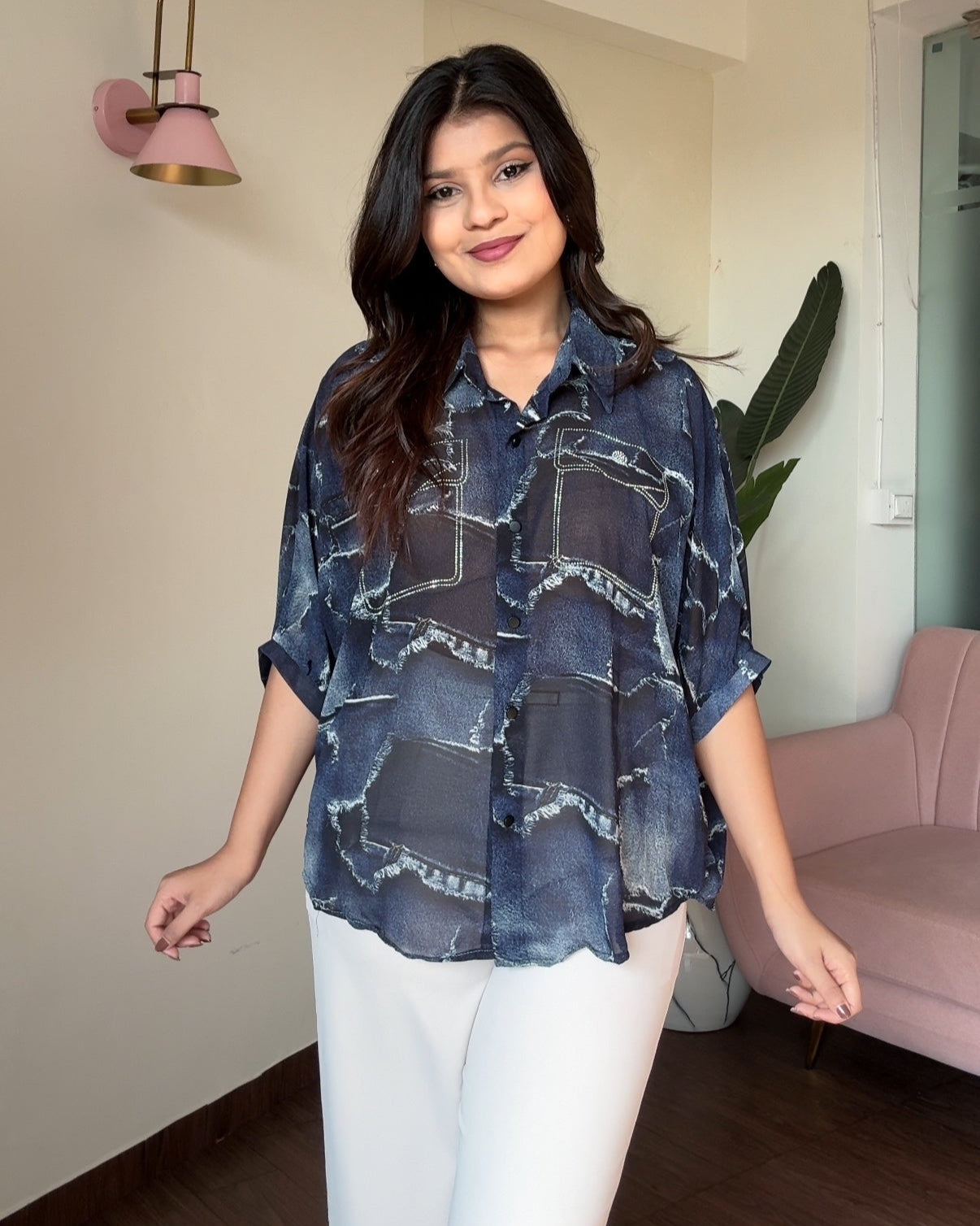 Faux Denim Patchwork Shirt