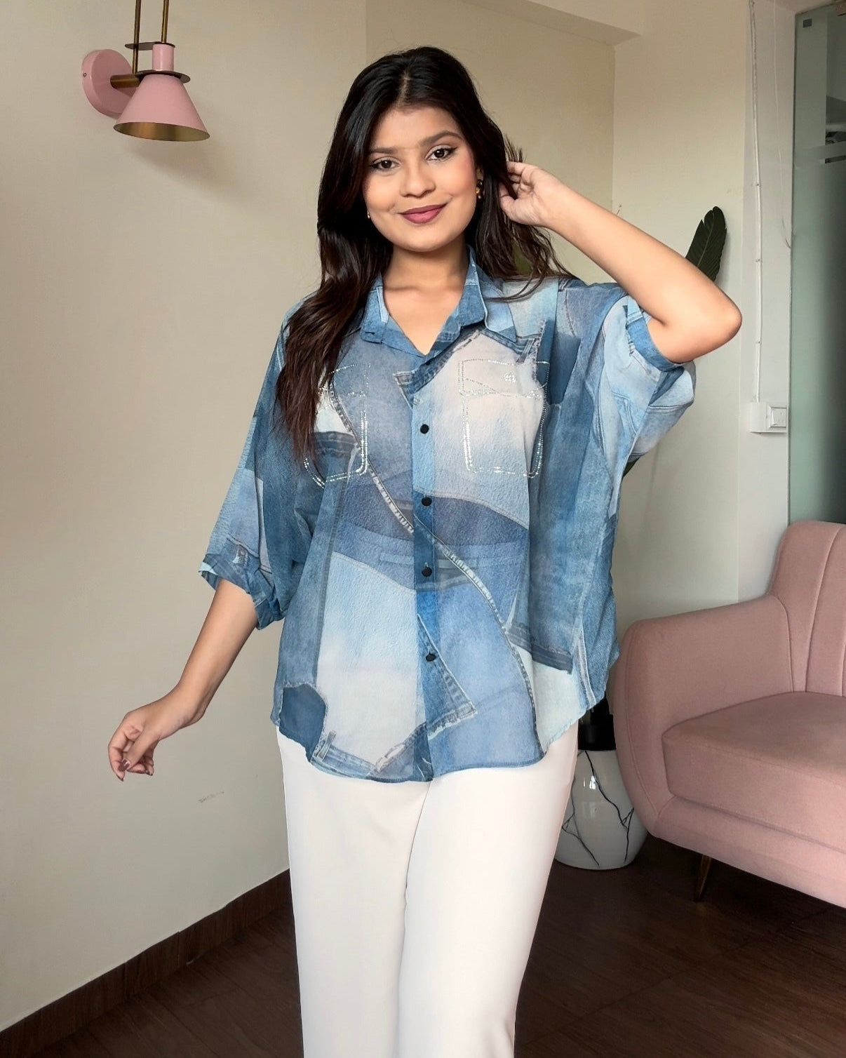 Faux Denim Patchwork Shirt