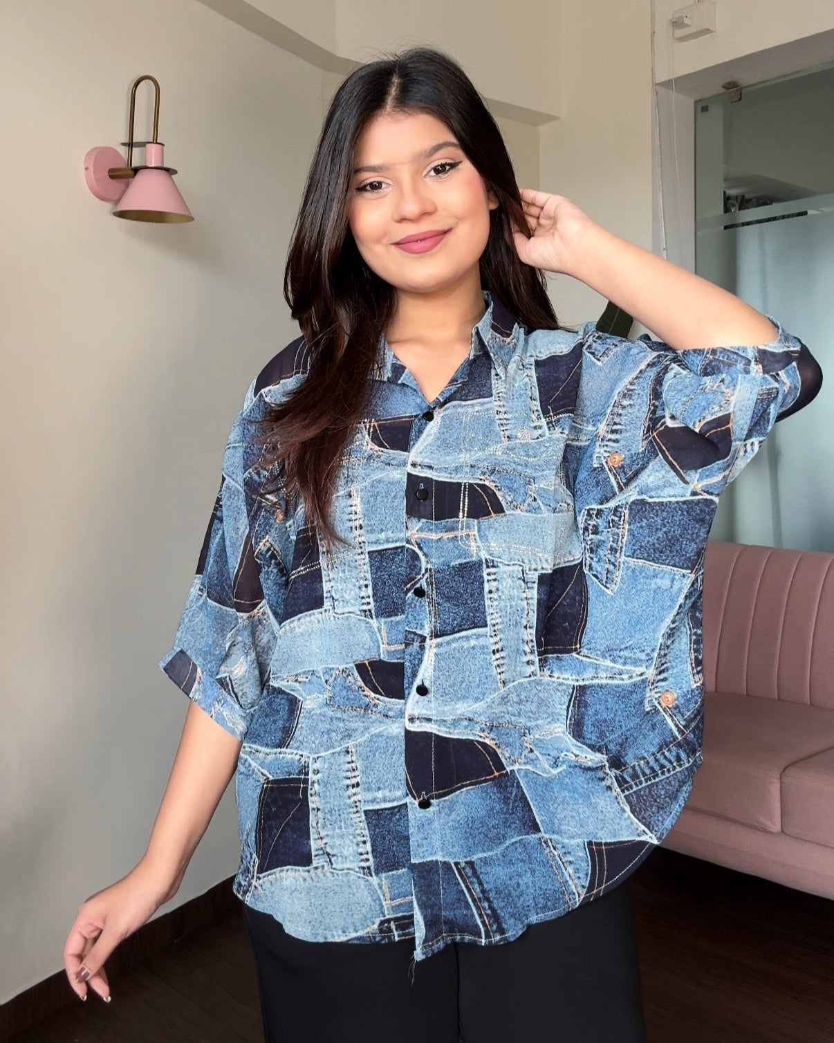 Faux Denim Patchwork Shirt