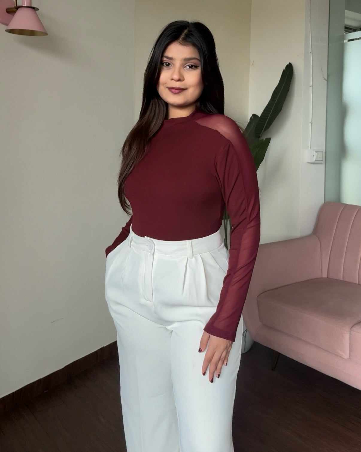 Mesh Cut Out Detailing High Neck Solid Top