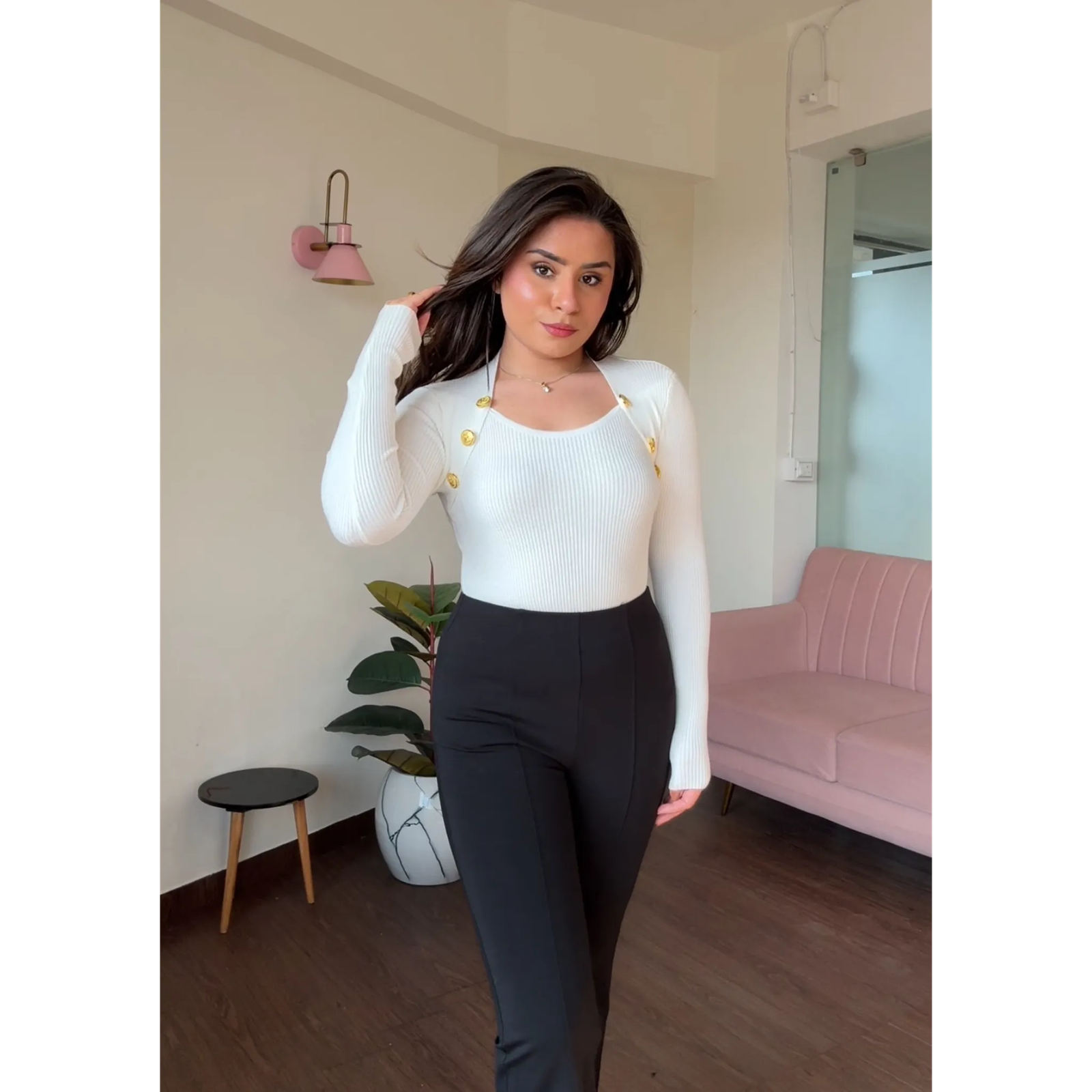 Square Neck Golden Button Detailing Knitted Top