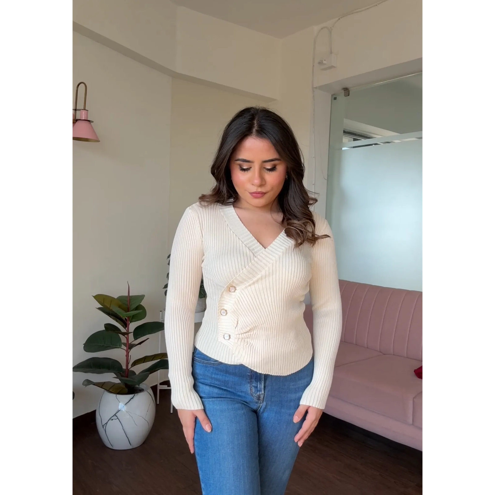 Side Button Ruched Detail Top