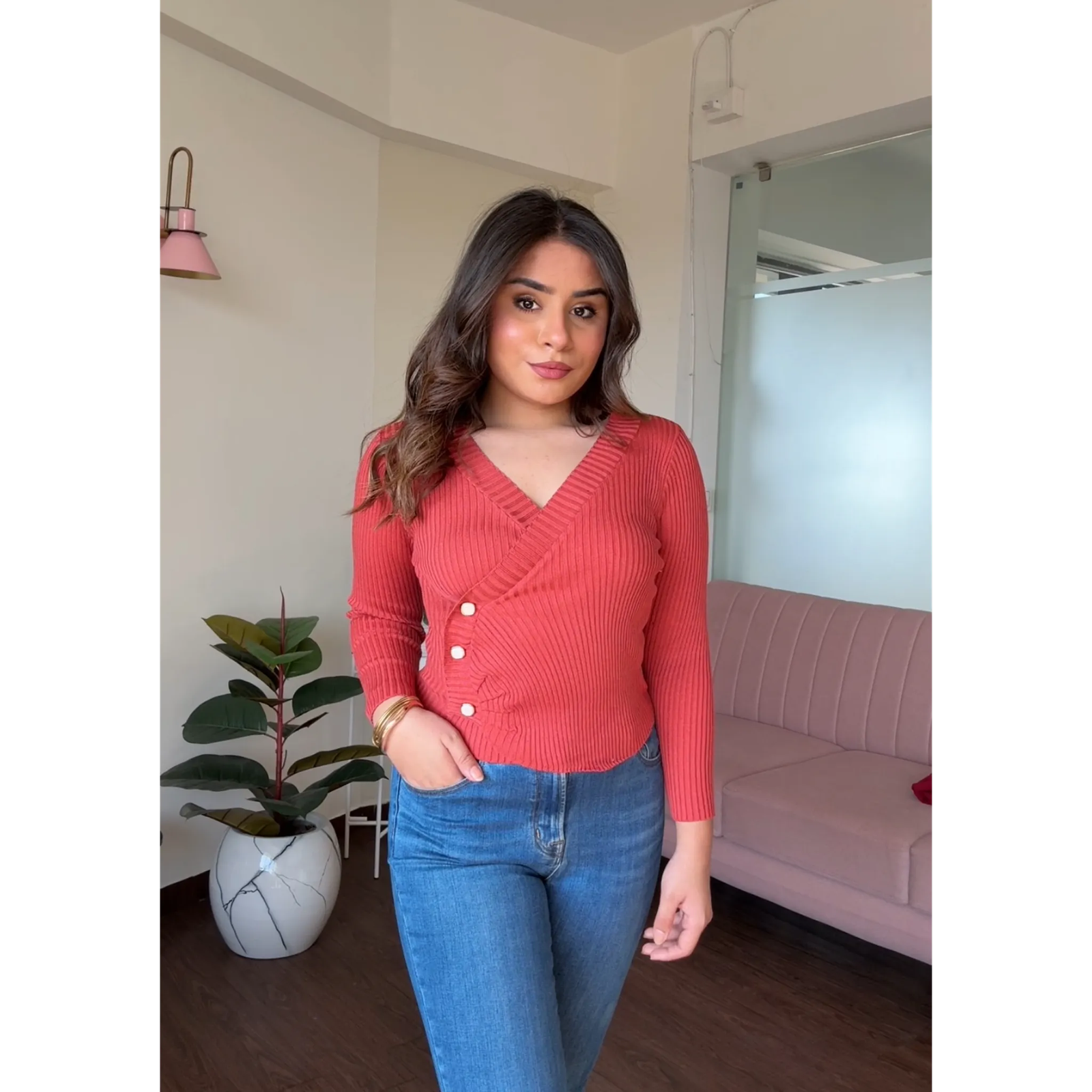 Side Button Ruched Detail Top