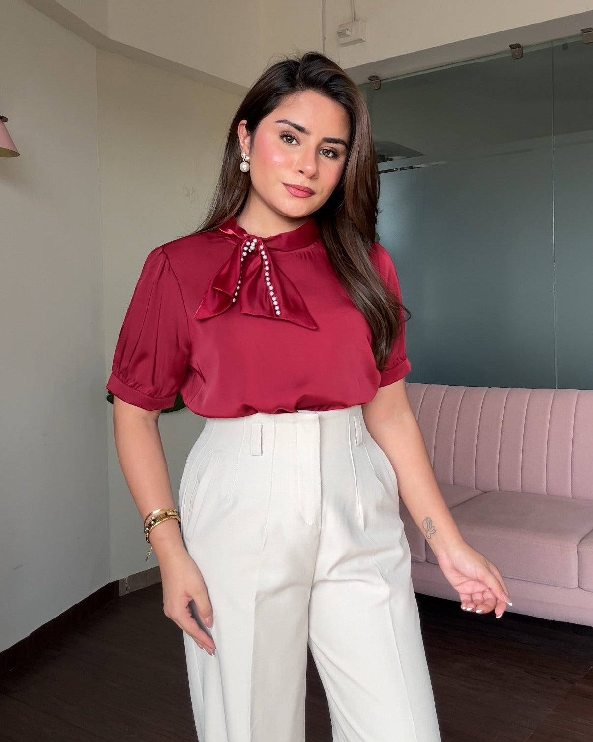 Puff Sleeve Satin Blouse With Pearl Bow Detailing