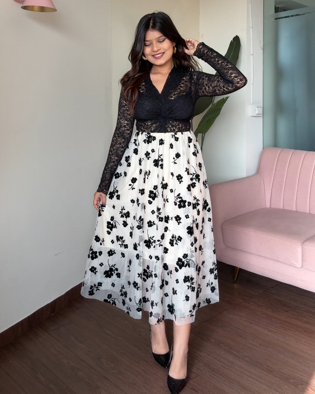 Floral Print Mesh A Line Midi Skirt