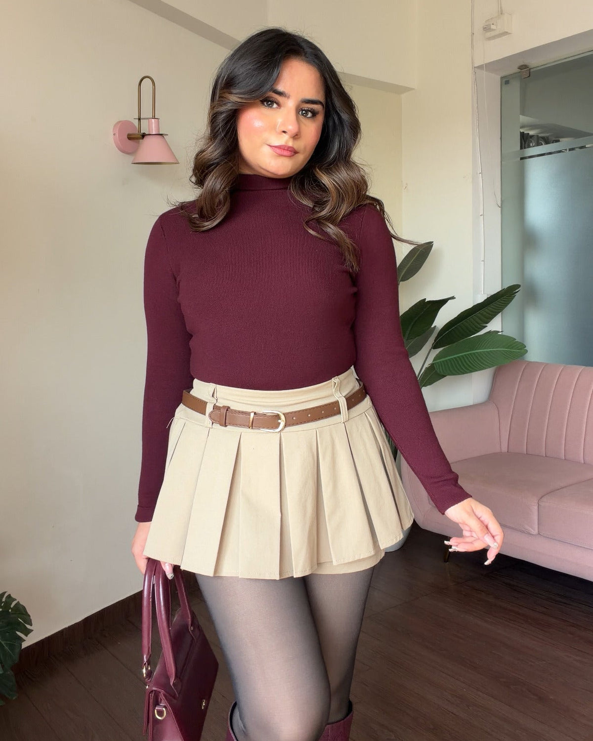 Mini Pleated Belted Skirt With Shorts
