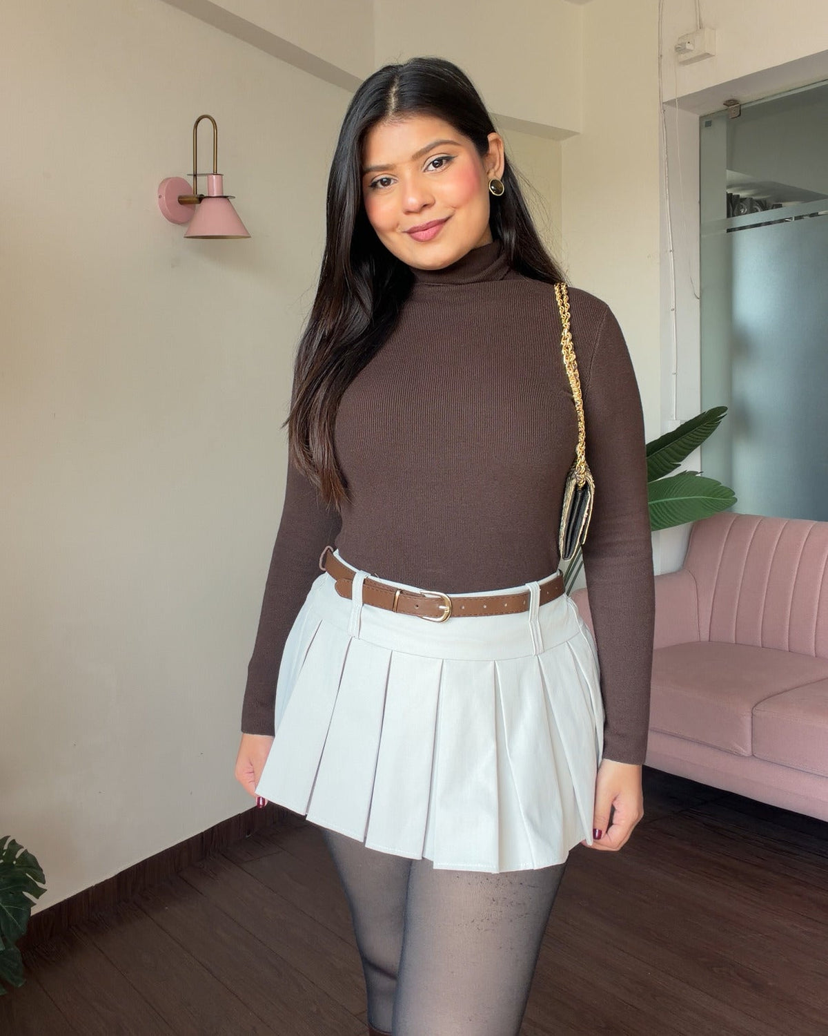 Mini Pleated Belted Skirt With Shorts