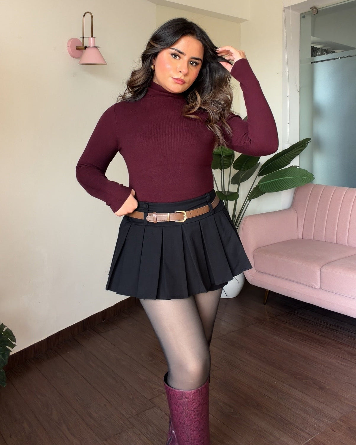 Mini Pleated Belted Skirt With Shorts