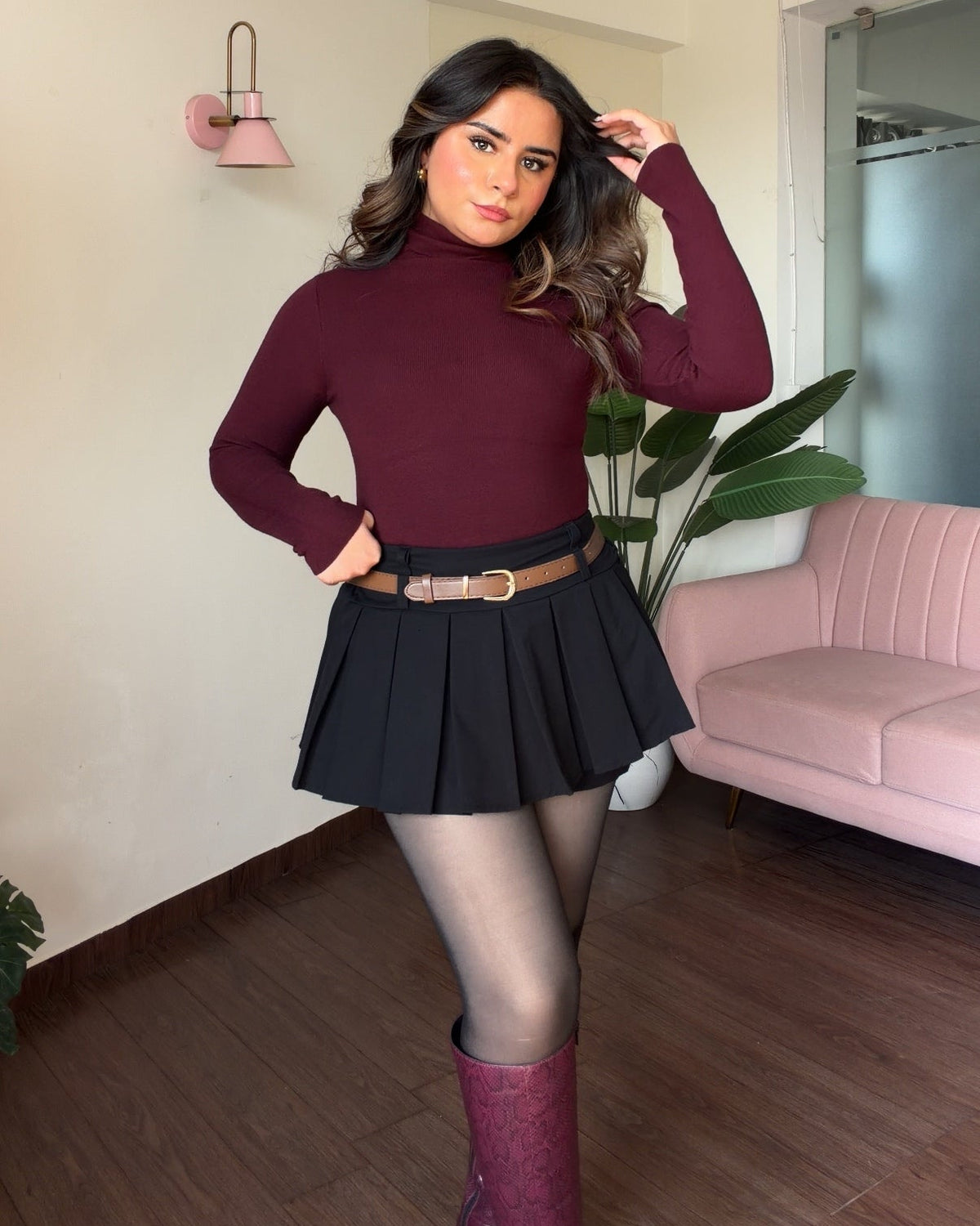 Mini Pleated Belted Skirt With Shorts