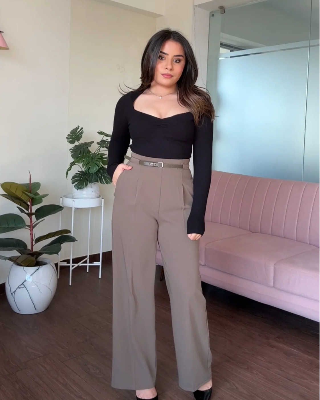 Straight Fit Wide Leg Pants With Belt For Women