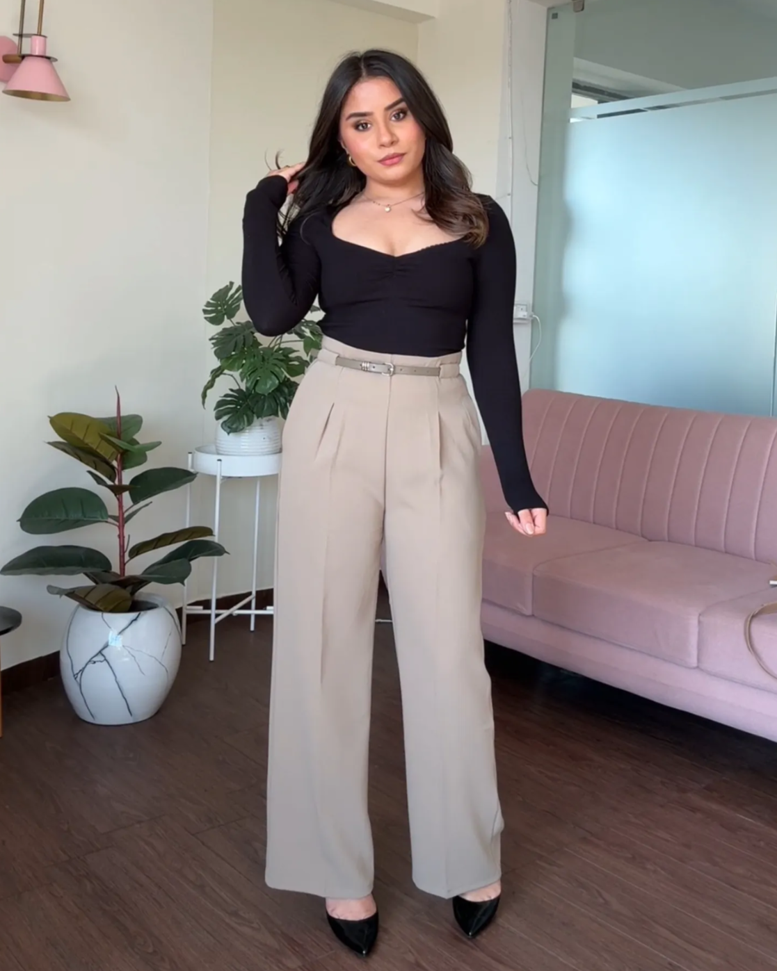 Straight Fit Wide Leg Pants With Belt For Women