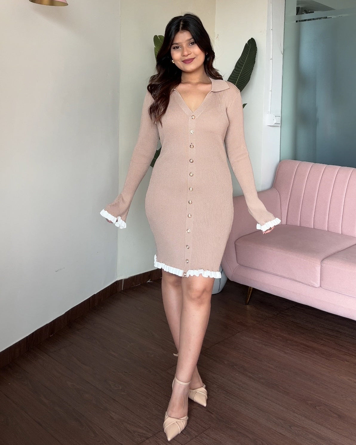 Ruffled Hem Contrast Ribbed Knitted Dress