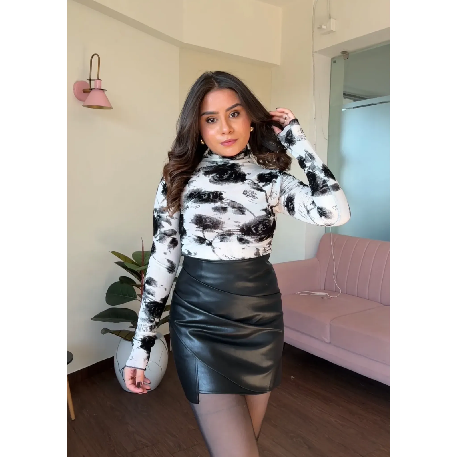 Ruched Mini Leather Skirt